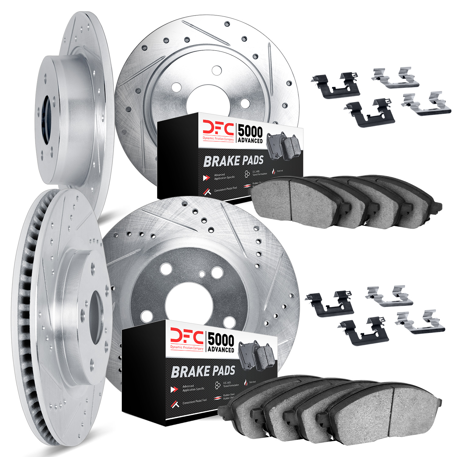 7514-42001 Drilled/Slotted Brake Rotors w/5000 Advanced Brake Pads Kit & Hardware [Silver], 1993-1993 Mopar, Position: Front and