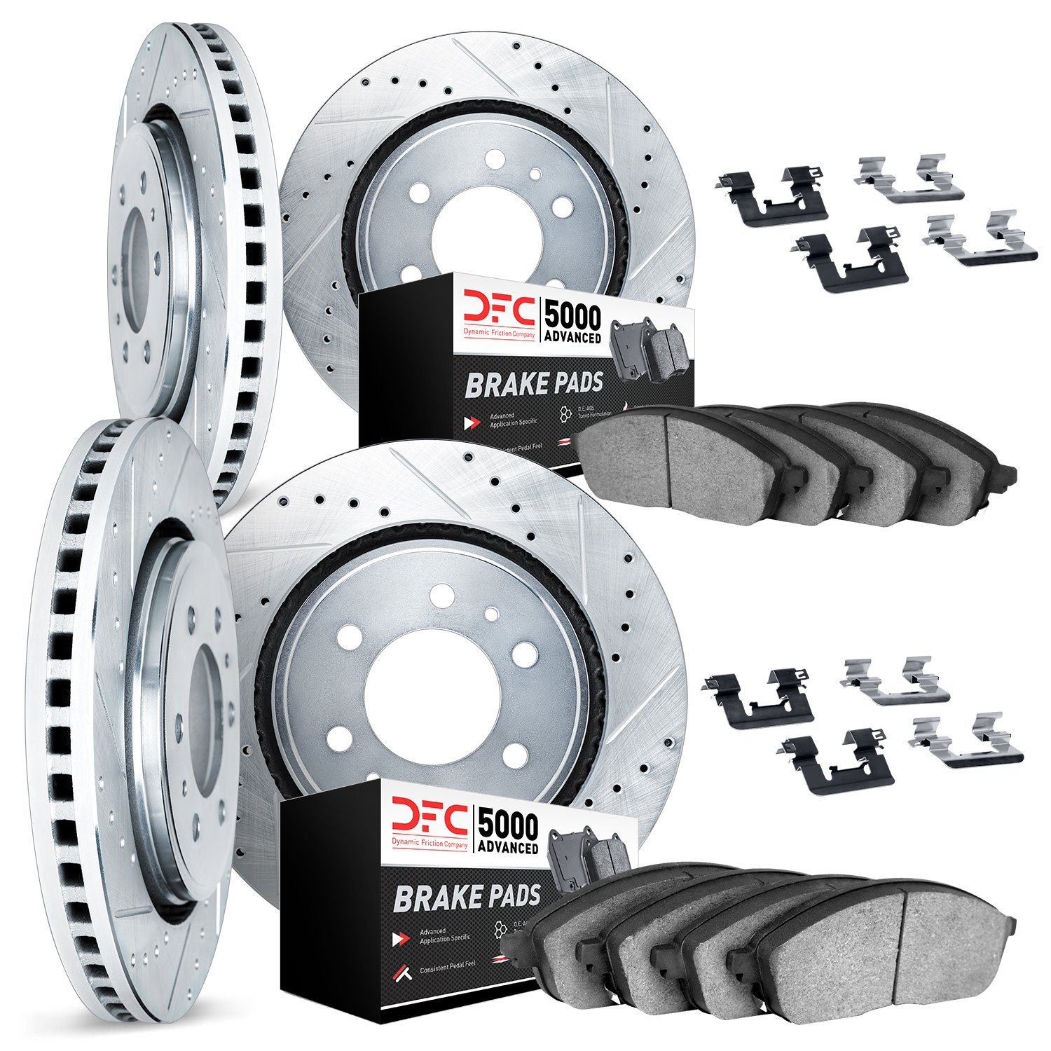 7514-46041 Drilled/Slotted Brake Rotors w/5000 Advanced Brake Pads Kit & Hardware [Silver], 2004-2009 GM, Position: Front and Re