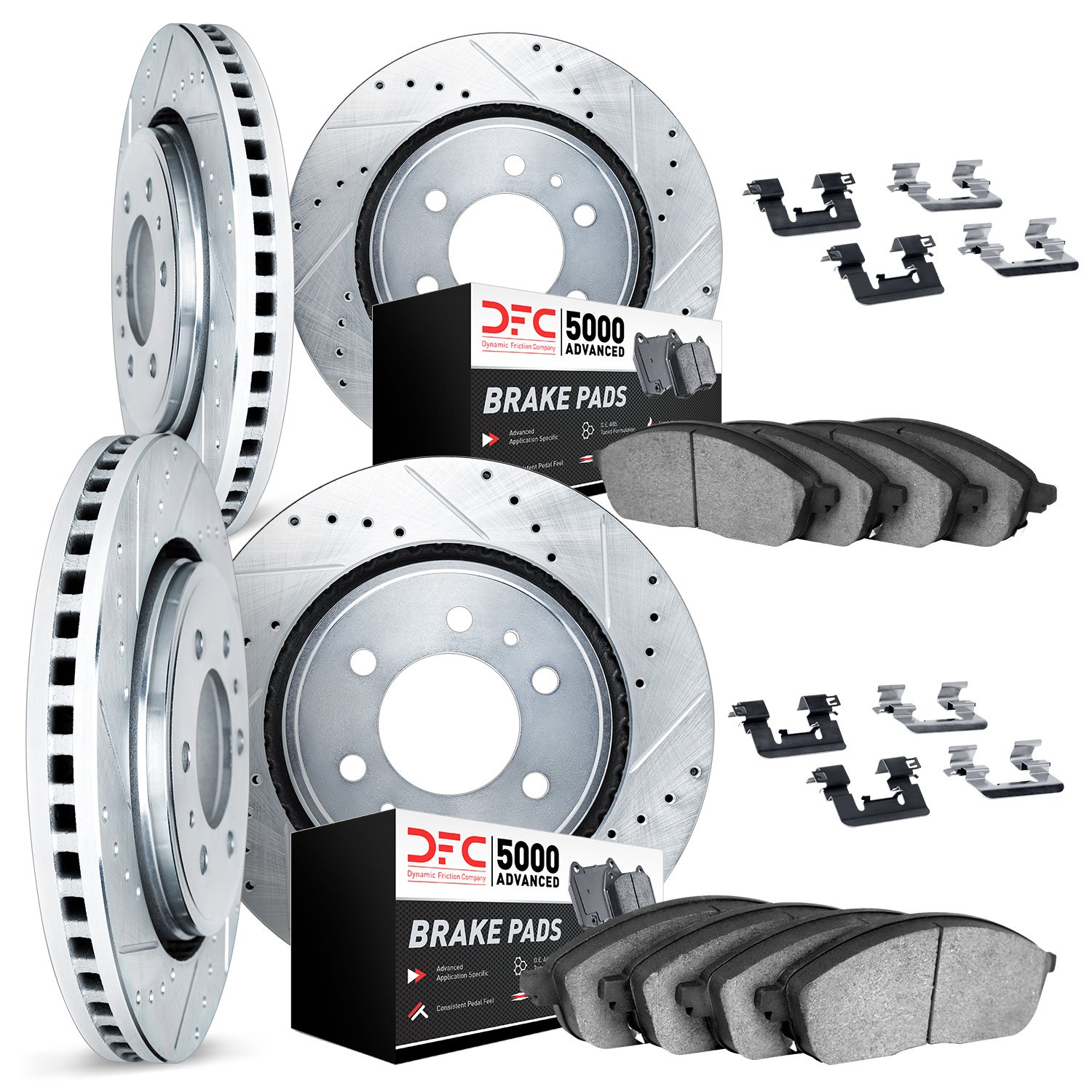 7514-46048 Drilled/Slotted Brake Rotors w/5000 Advanced Brake Pads Kit & Hardware [Silver], 2017-2020 GM, Position: Front and Re