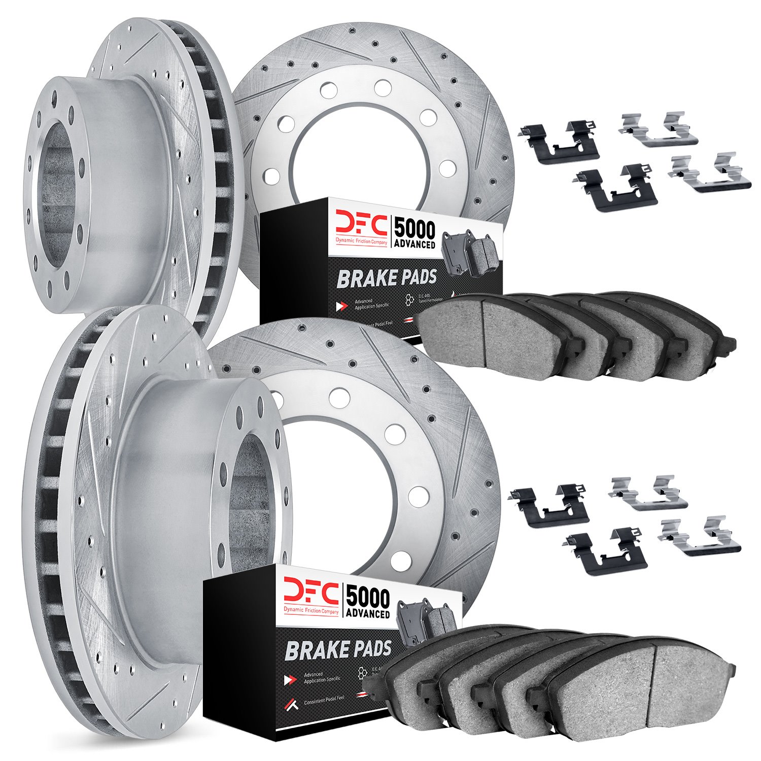 7514-48010 Drilled/Slotted Brake Rotors w/5000 Advanced Brake Pads Kit & Hardware [Silver], 1994-2000 GM, Position: Front and Re