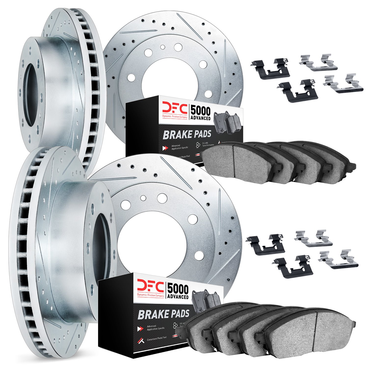 7514-48029 Drilled/Slotted Brake Rotors w/5000 Advanced Brake Pads Kit & Hardware [Silver], 2003-2017 GM, Position: Front and Re