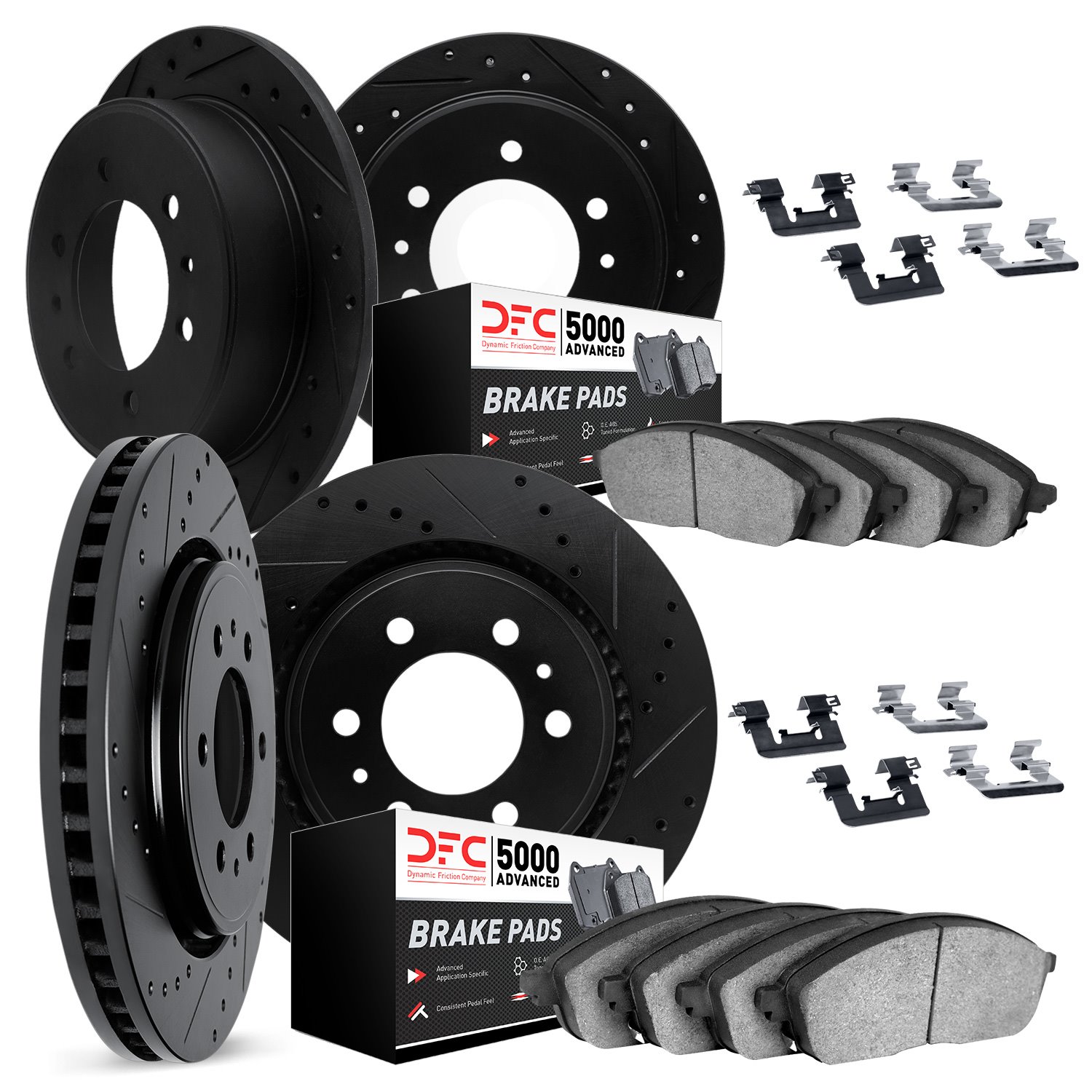 7514-67062 Drilled/Slotted Brake Rotors w/5000 Advanced Brake Pads Kit & Hardware [Silver], 2005-2007 Infiniti/Nissan, Position: