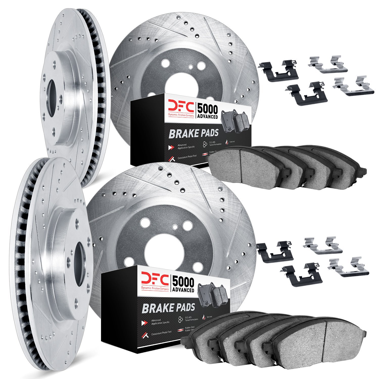 7514-67076 Drilled/Slotted Brake Rotors w/5000 Advanced Brake Pads Kit & Hardware [Silver], 2014-2019 Infiniti/Nissan, Position: