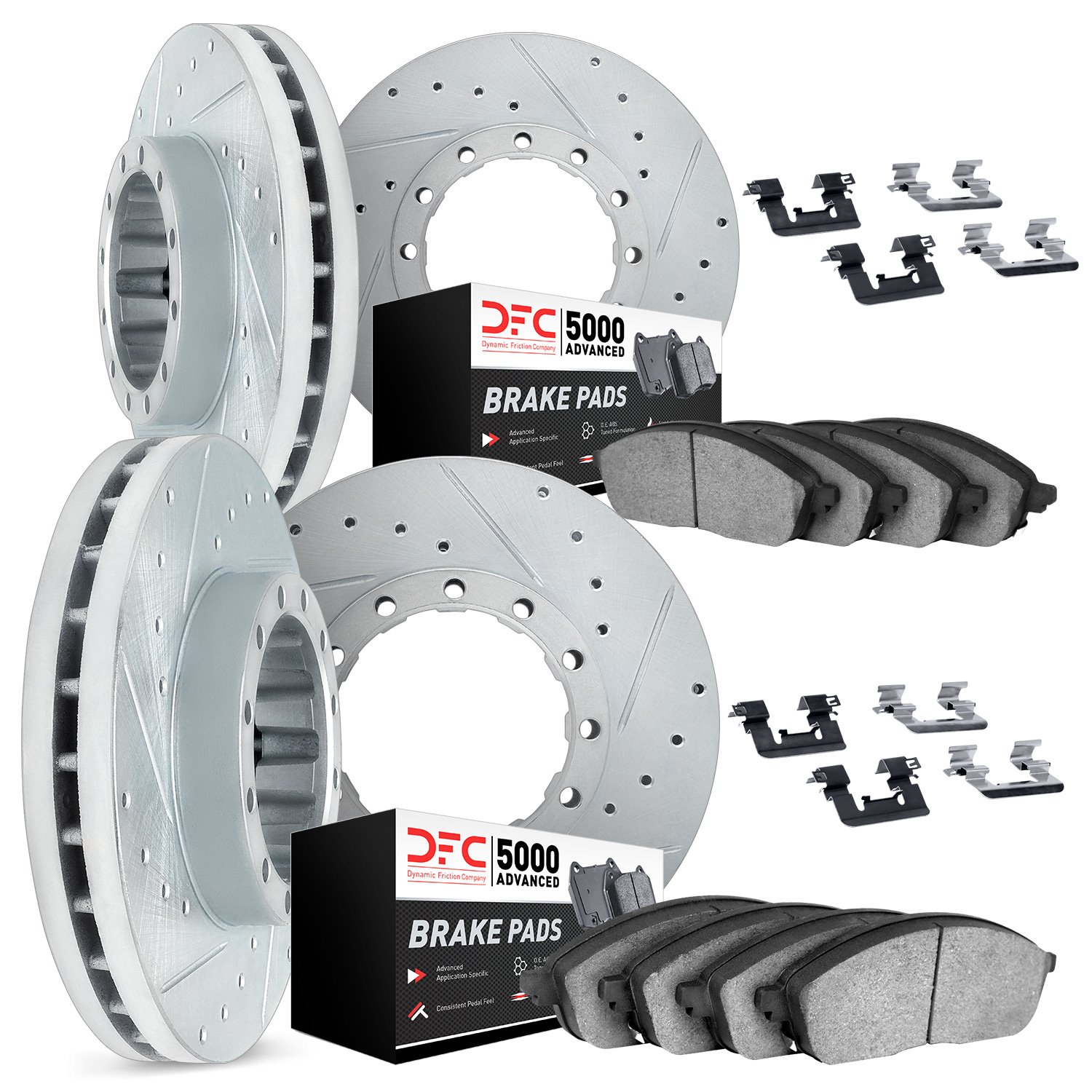 7514-72060 Drilled/Slotted Brake Rotors w/5000 Advanced Brake Pads Kit & Hardware [Silver], 2012-2020 Freightliner, Position: Fr