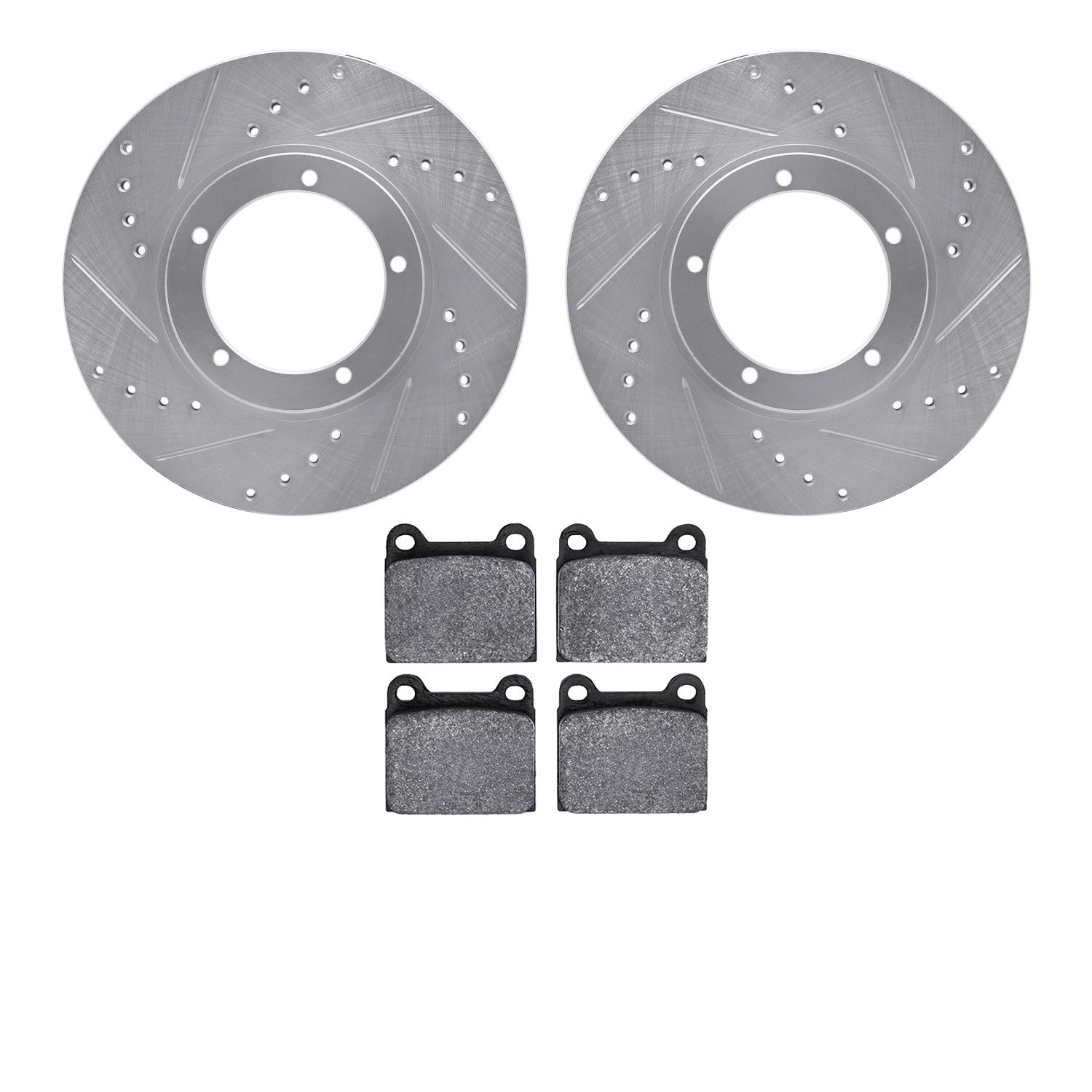 7602-02002 Drilled/Slotted Brake Rotors w/5000 Euro Ceramic Brake Pads Kit [Silver], 1967-1977 Porsche, Position: Front