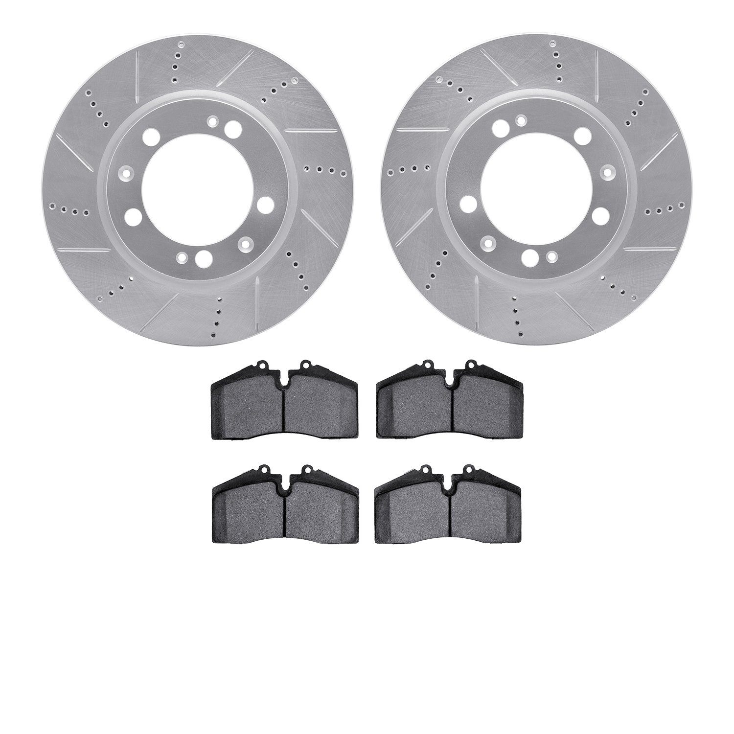 7602-02006 Drilled/Slotted Brake Rotors w/5000 Euro Ceramic Brake Pads Kit [Silver], 1986-1991 Porsche, Position: Front