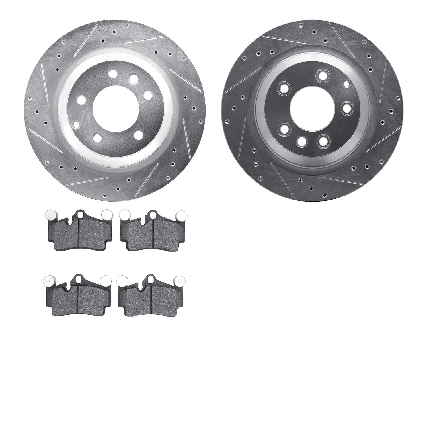 7602-02017 Drilled/Slotted Brake Rotors w/5000 Euro Ceramic Brake Pads Kit [Silver], 2005-2006 Porsche, Position: Rear