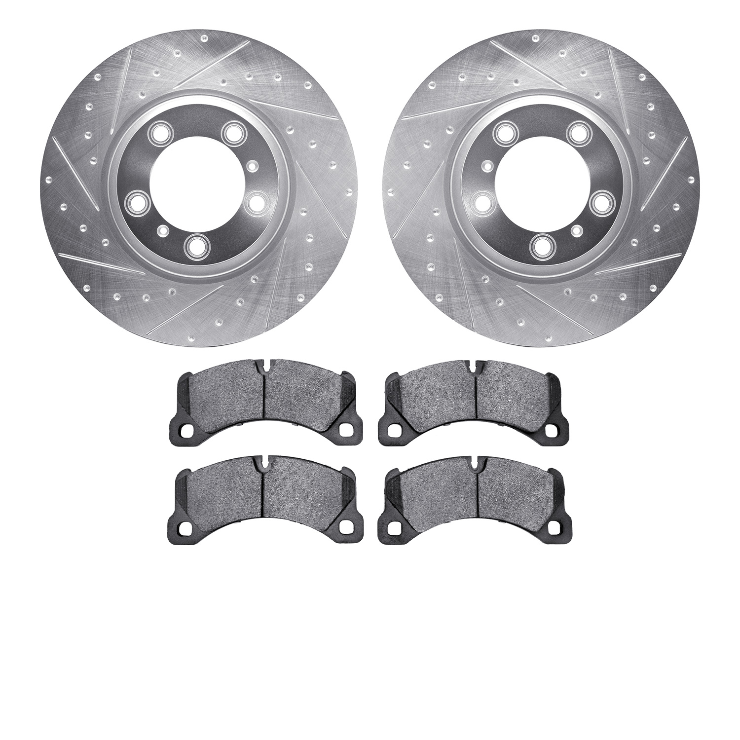 7602-02023 Drilled/Slotted Brake Rotors w/5000 Euro Ceramic Brake Pads Kit [Silver], 2017-2020 Porsche, Position: Front