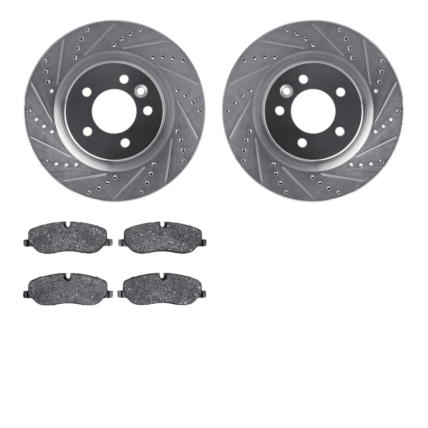 7602-11005 Drilled/Slotted Brake Rotors w/5000 Euro Ceramic Brake Pads Kit [Silver], 2005-2009 Land Rover, Position: Front