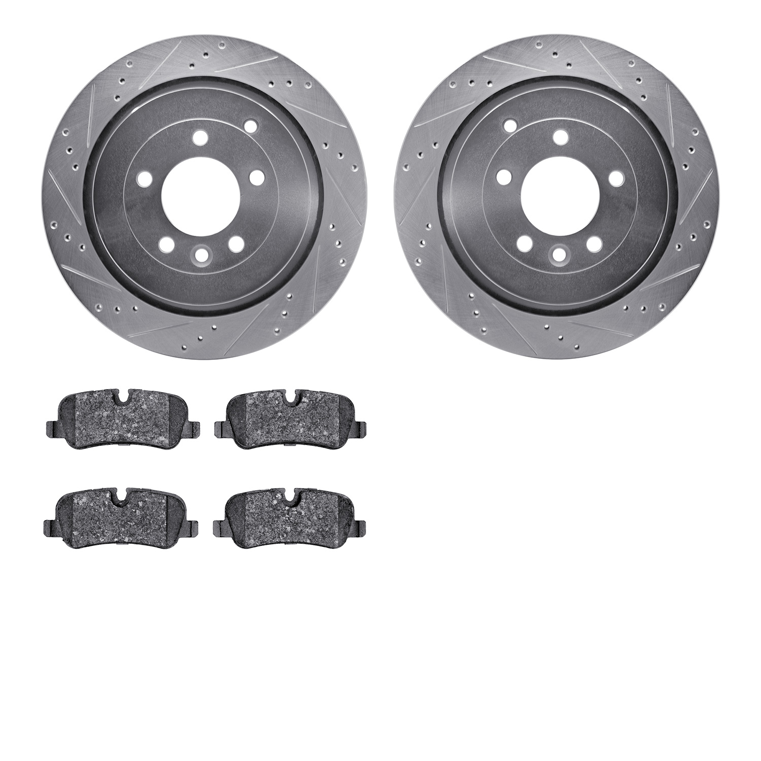 7602-11006 Drilled/Slotted Brake Rotors w/5000 Euro Ceramic Brake Pads Kit [Silver], 2005-2016 Land Rover, Position: Rear