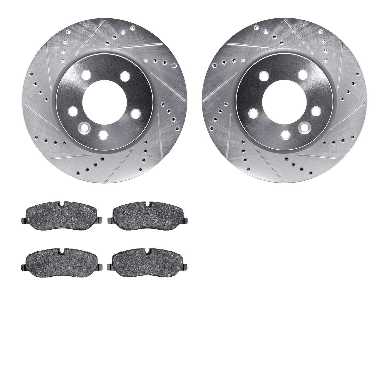 7602-11010 Drilled/Slotted Brake Rotors w/5000 Euro Ceramic Brake Pads Kit [Silver], 2005-2007 Land Rover, Position: Front