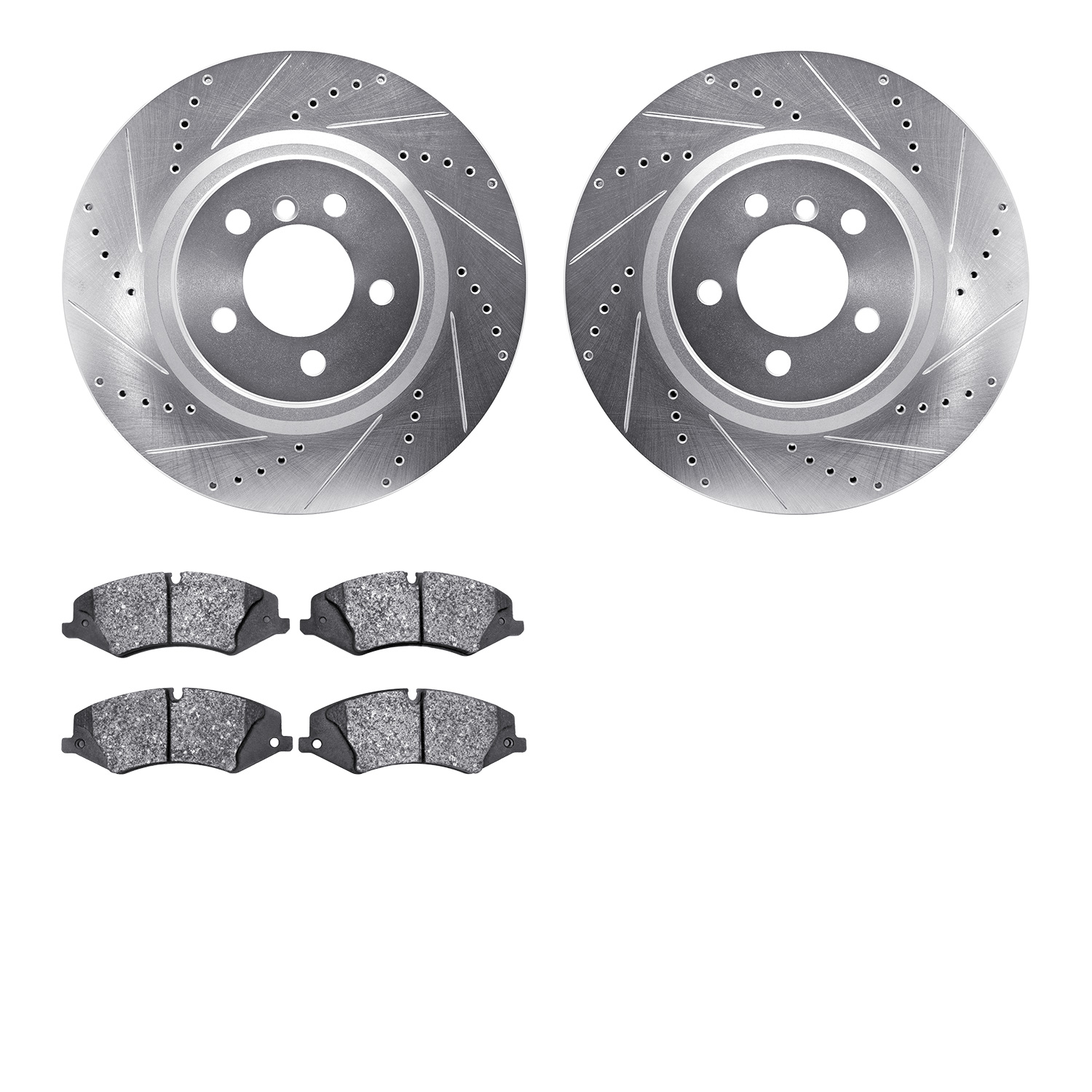 7602-11012 Drilled/Slotted Brake Rotors w/5000 Euro Ceramic Brake Pads Kit [Silver], 2010-2012 Land Rover, Position: Front
