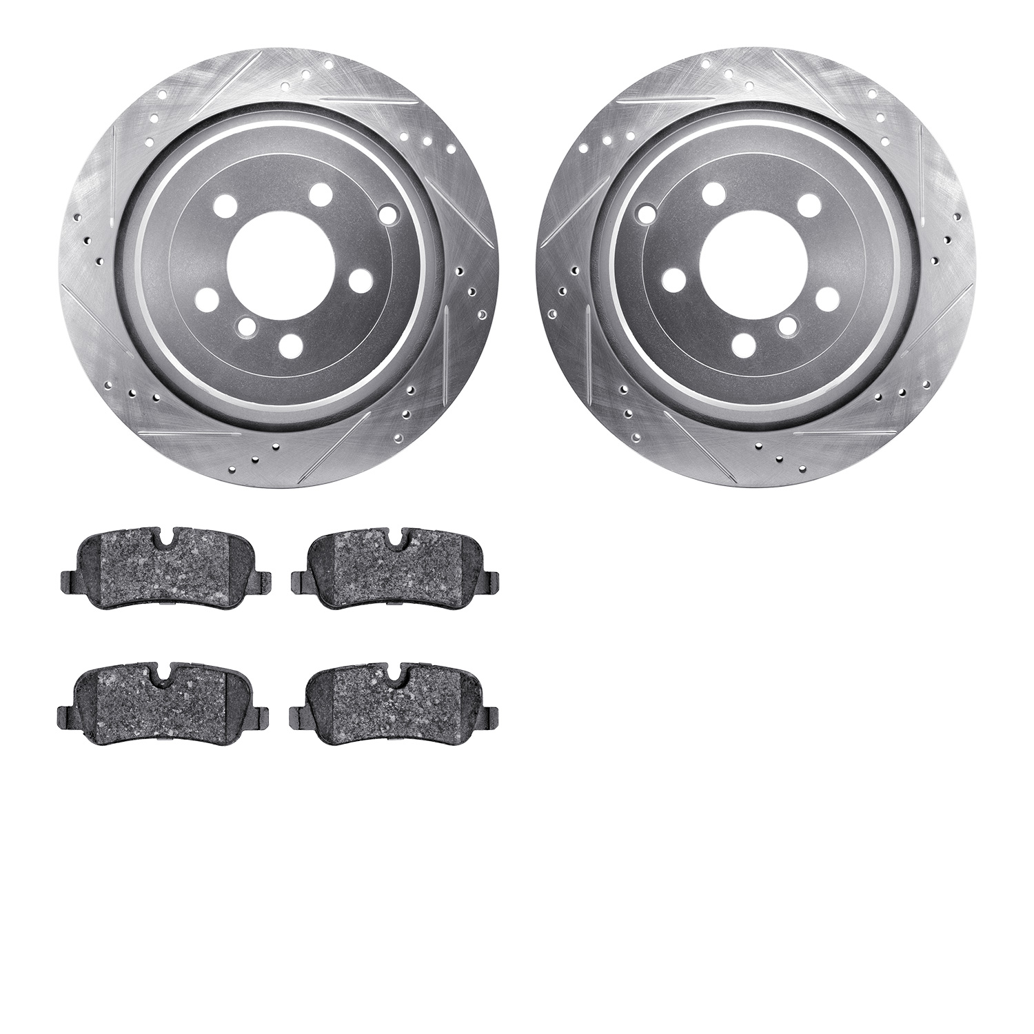 7602-11014 Drilled/Slotted Brake Rotors w/5000 Euro Ceramic Brake Pads Kit [Silver], 2006-2012 Land Rover, Position: Rear