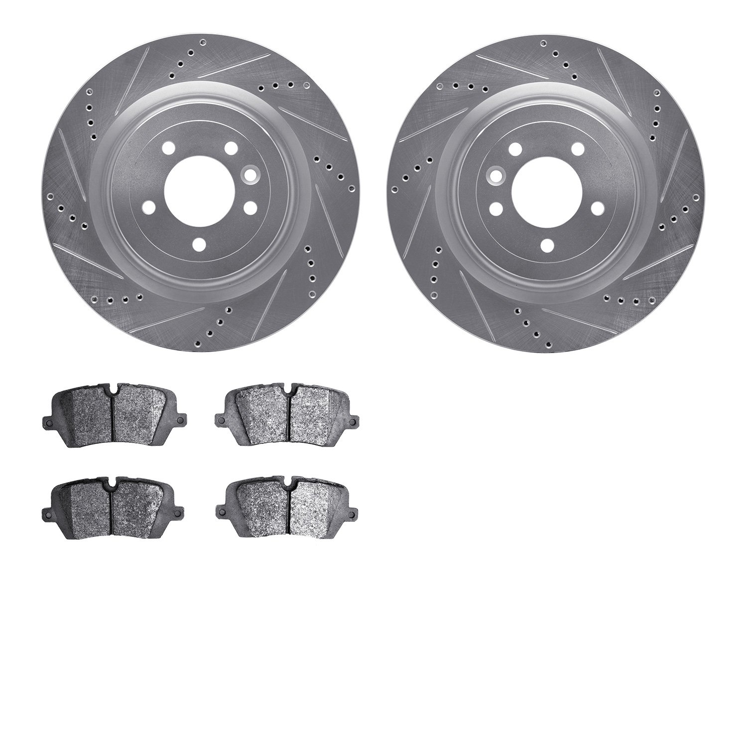 7602-11022 Drilled/Slotted Brake Rotors w/5000 Euro Ceramic Brake Pads Kit [Silver], Fits Select Land Rover, Position: Rear