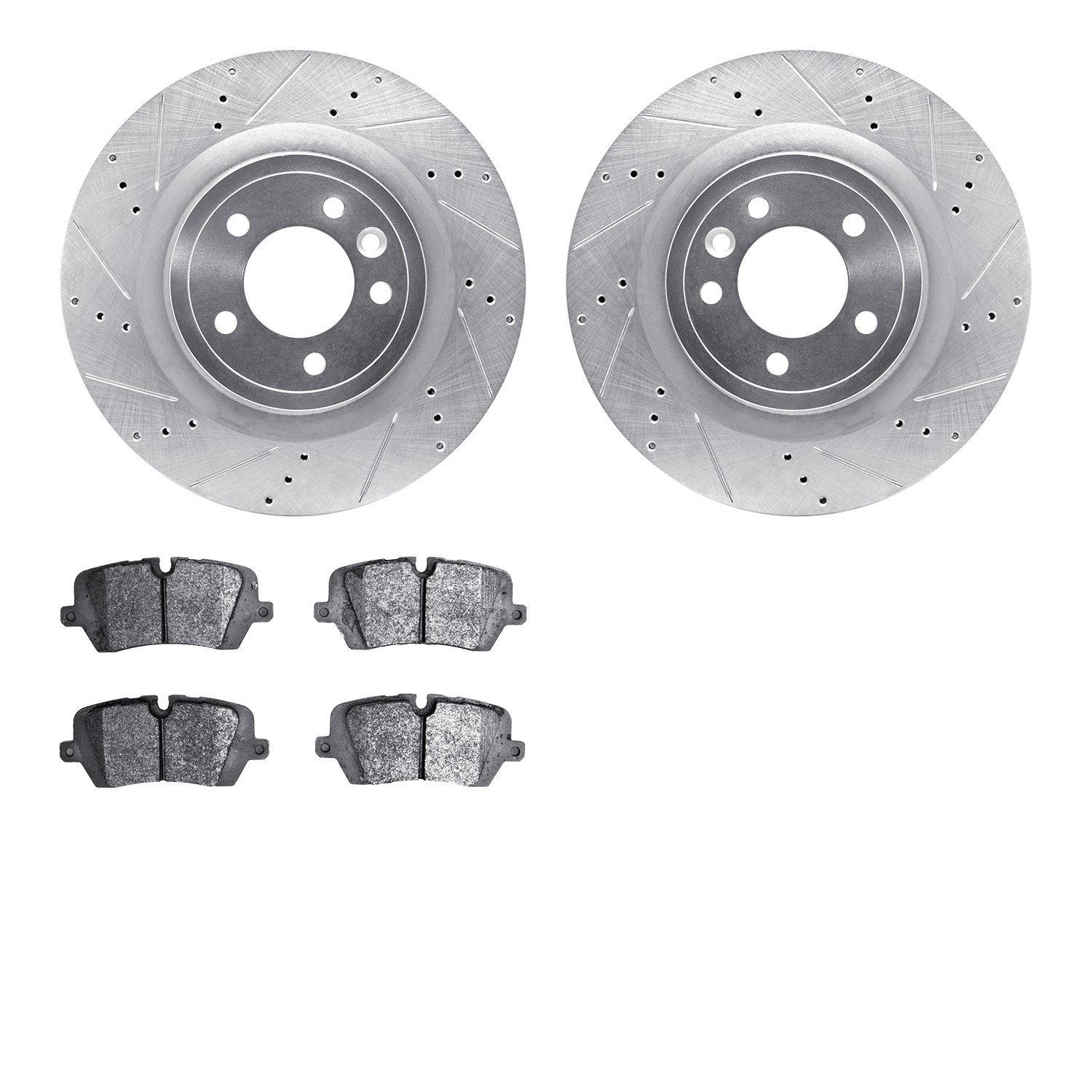 7602-11025 Drilled/Slotted Brake Rotors w/5000 Euro Ceramic Brake Pads Kit [Silver], Fits Select Land Rover, Position: Rear