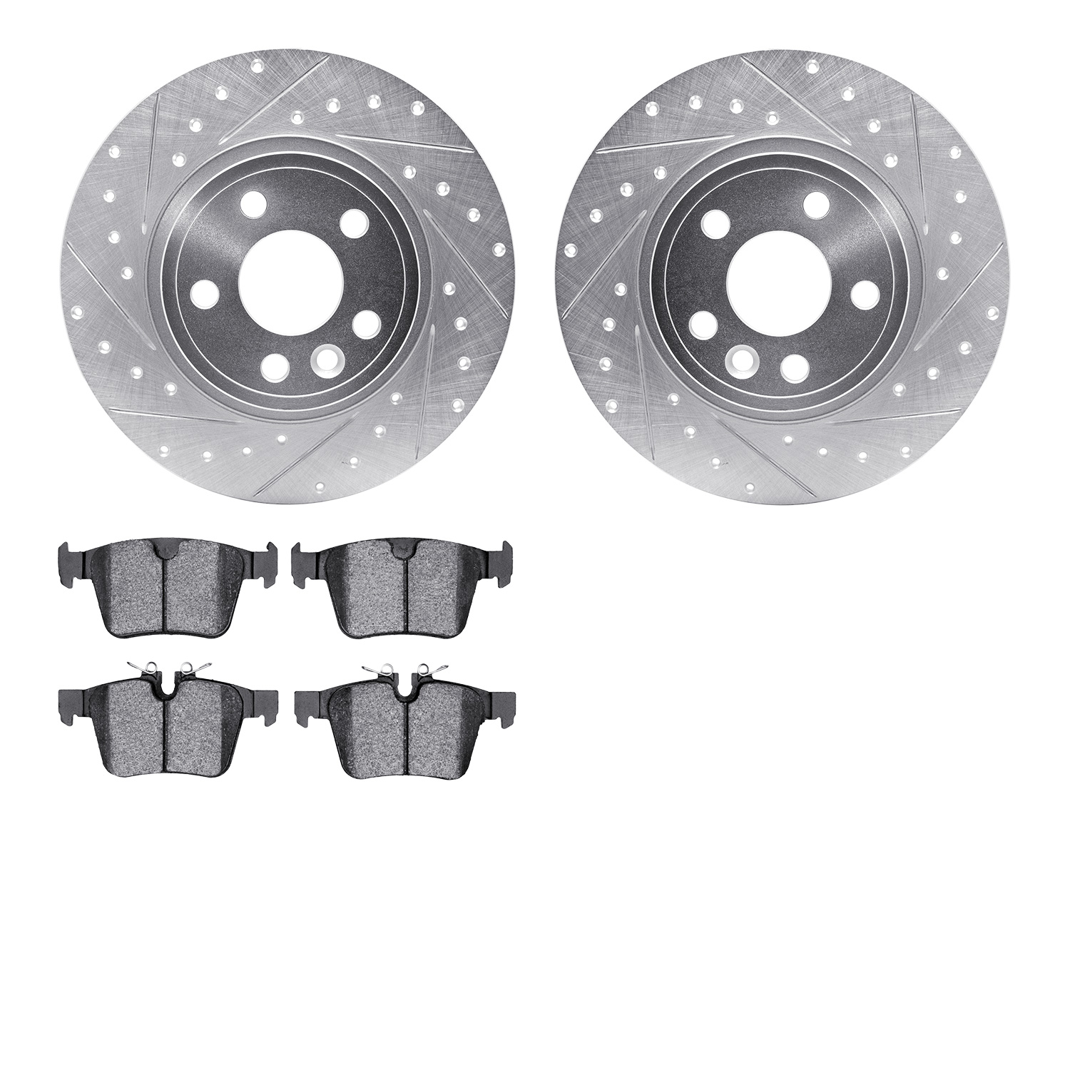 7602-11026 Drilled/Slotted Brake Rotors w/5000 Euro Ceramic Brake Pads Kit [Silver], 2015-2020 Multiple Makes/Models, Position: