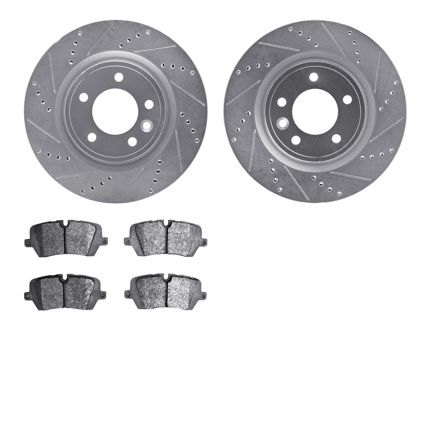 7602-11029 Drilled/Slotted Brake Rotors w/5000 Euro Ceramic Brake Pads Kit [Silver], 2018-2020 Land Rover, Position: Rear