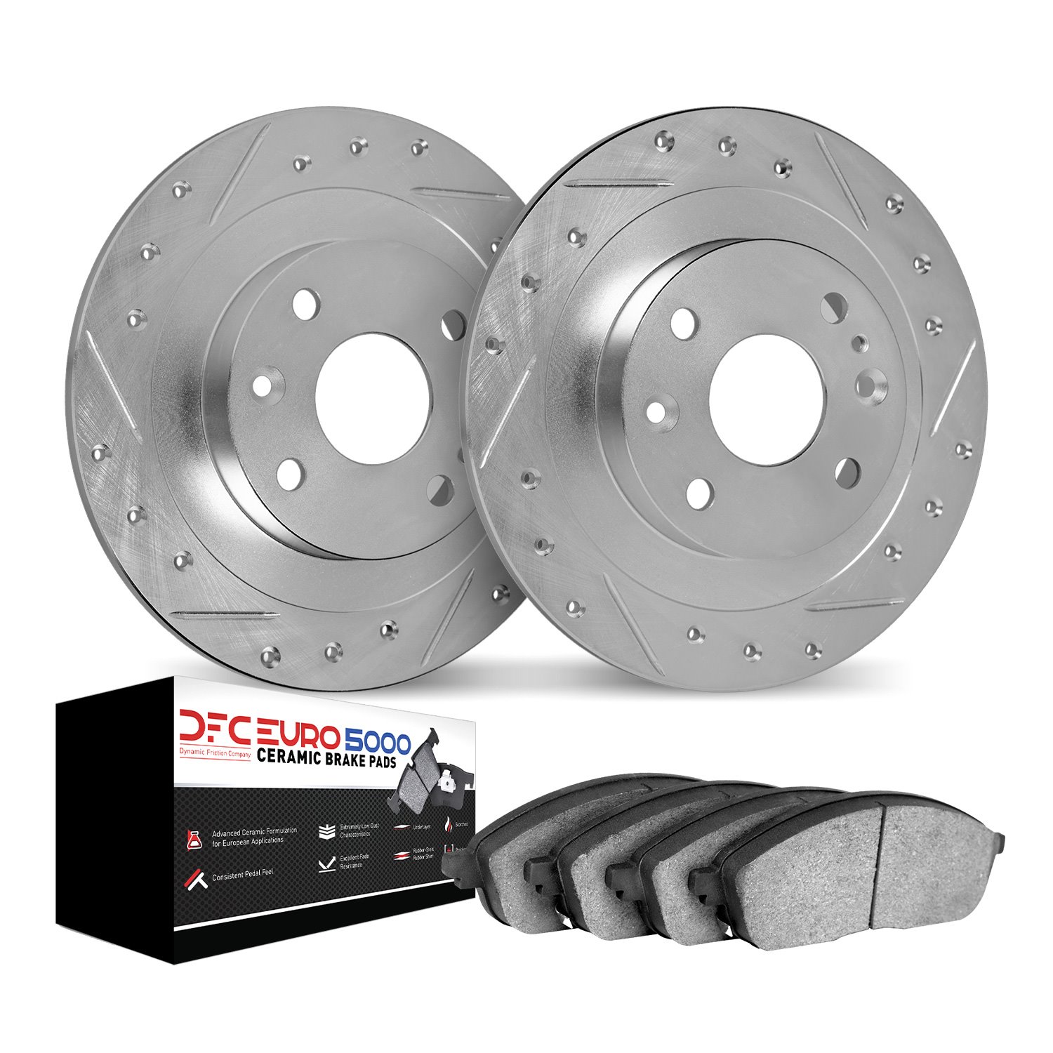 7602-14000 Drilled/Slotted Brake Rotors w/5000 Euro Ceramic Brake Pads Kit [Silver], 1972-1976 Multiple Makes/Models, Position: