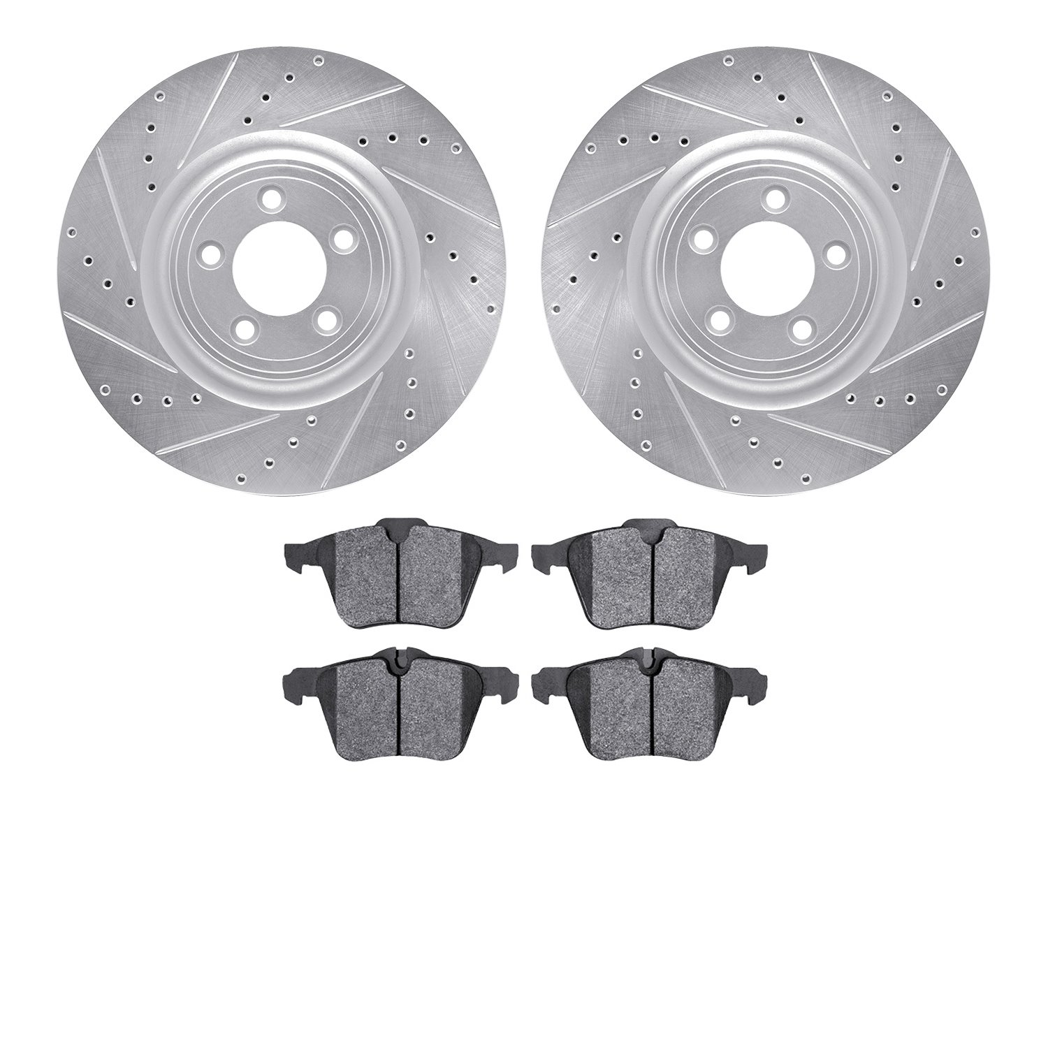 7602-20017 Drilled/Slotted Brake Rotors w/5000 Euro Ceramic Brake Pads Kit [Silver], 2006-2019 Jaguar, Position: Front