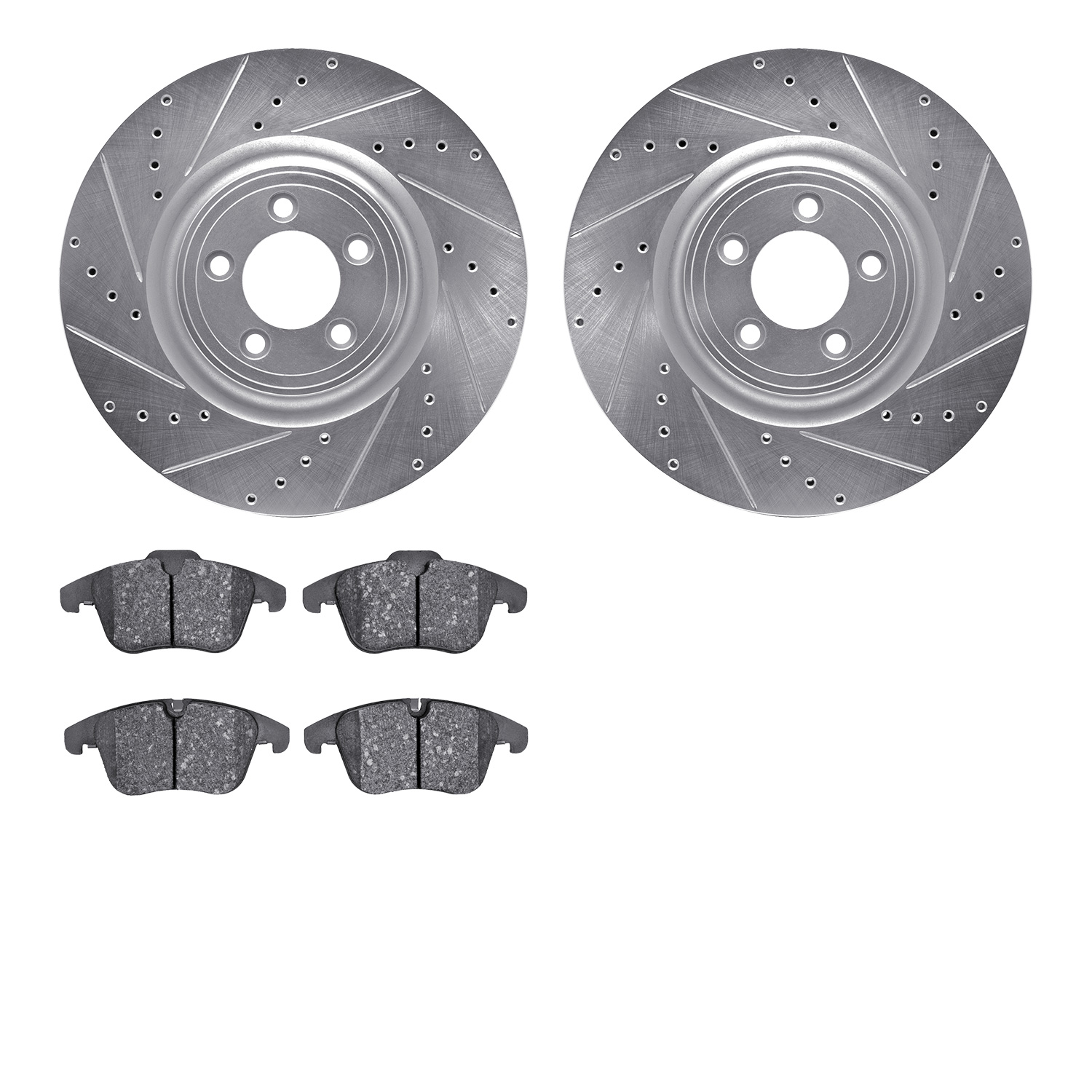 7602-20018 Drilled/Slotted Brake Rotors w/5000 Euro Ceramic Brake Pads Kit [Silver], 2013-2015 Jaguar, Position: Front