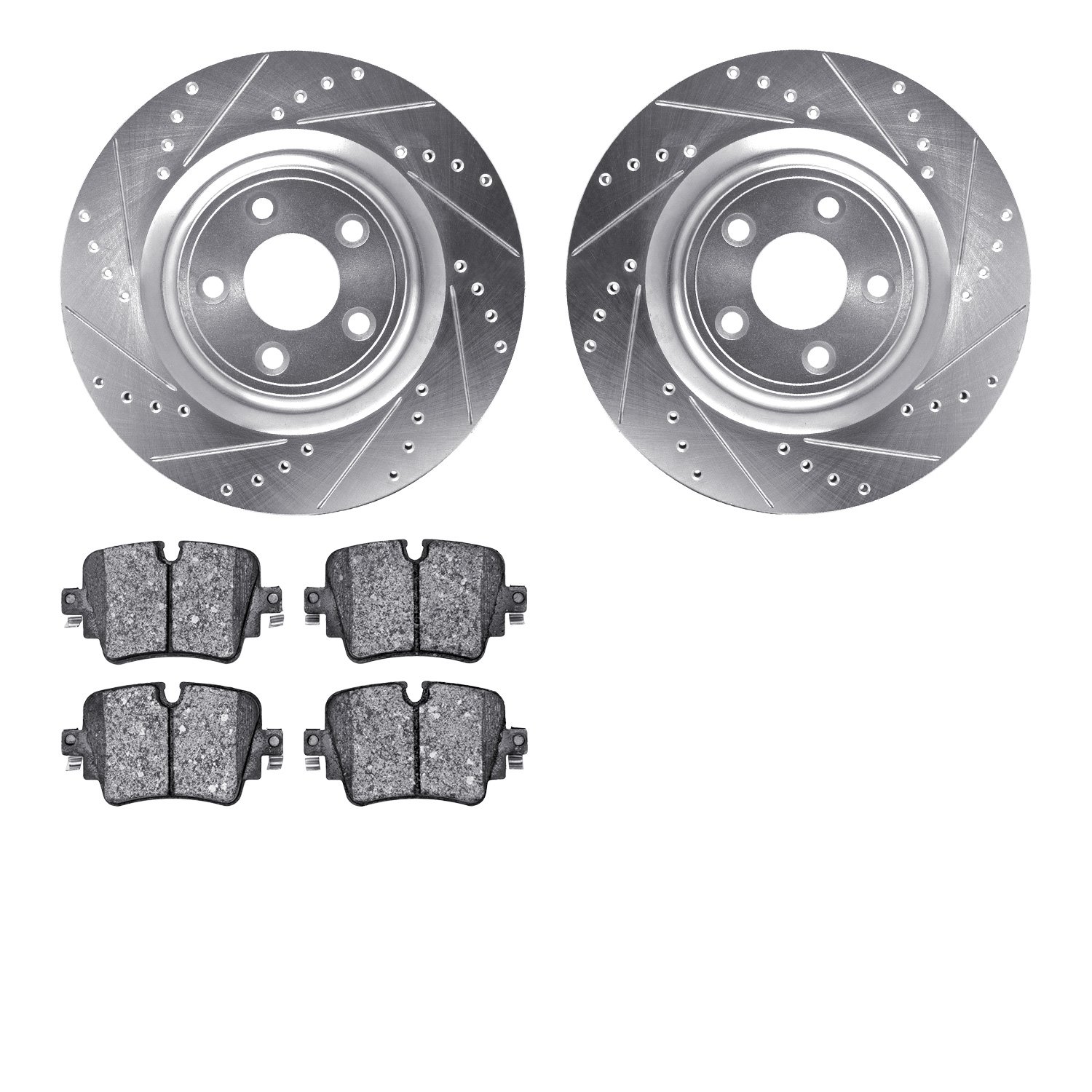 7602-20024 Drilled/Slotted Brake Rotors w/5000 Euro Ceramic Brake Pads Kit [Silver], 2014-2021 Jaguar, Position: Rear