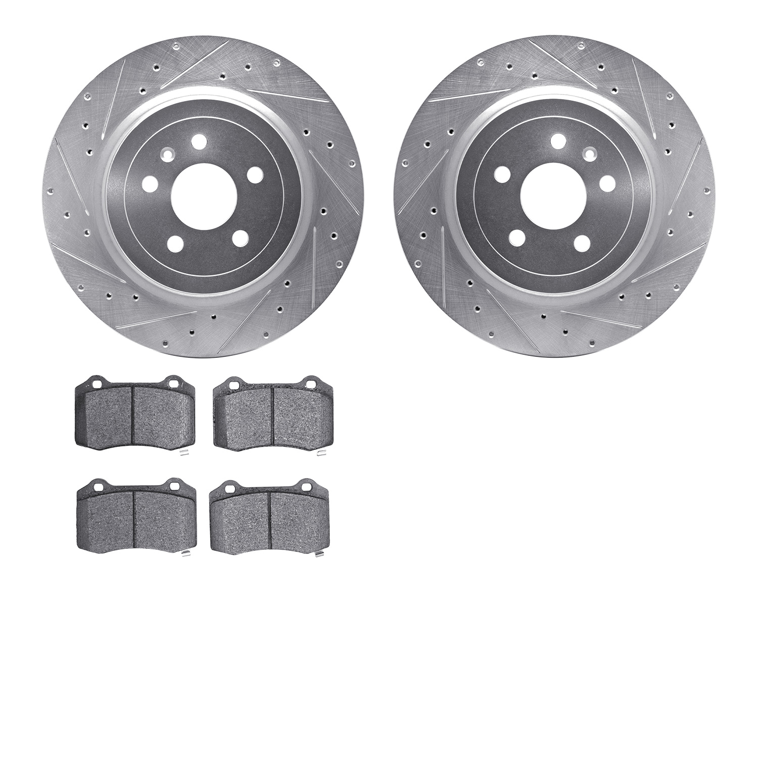 7602-26000 Drilled/Slotted Brake Rotors w/5000 Euro Ceramic Brake Pads Kit [Silver], 2012-2020 Tesla, Position: Rear