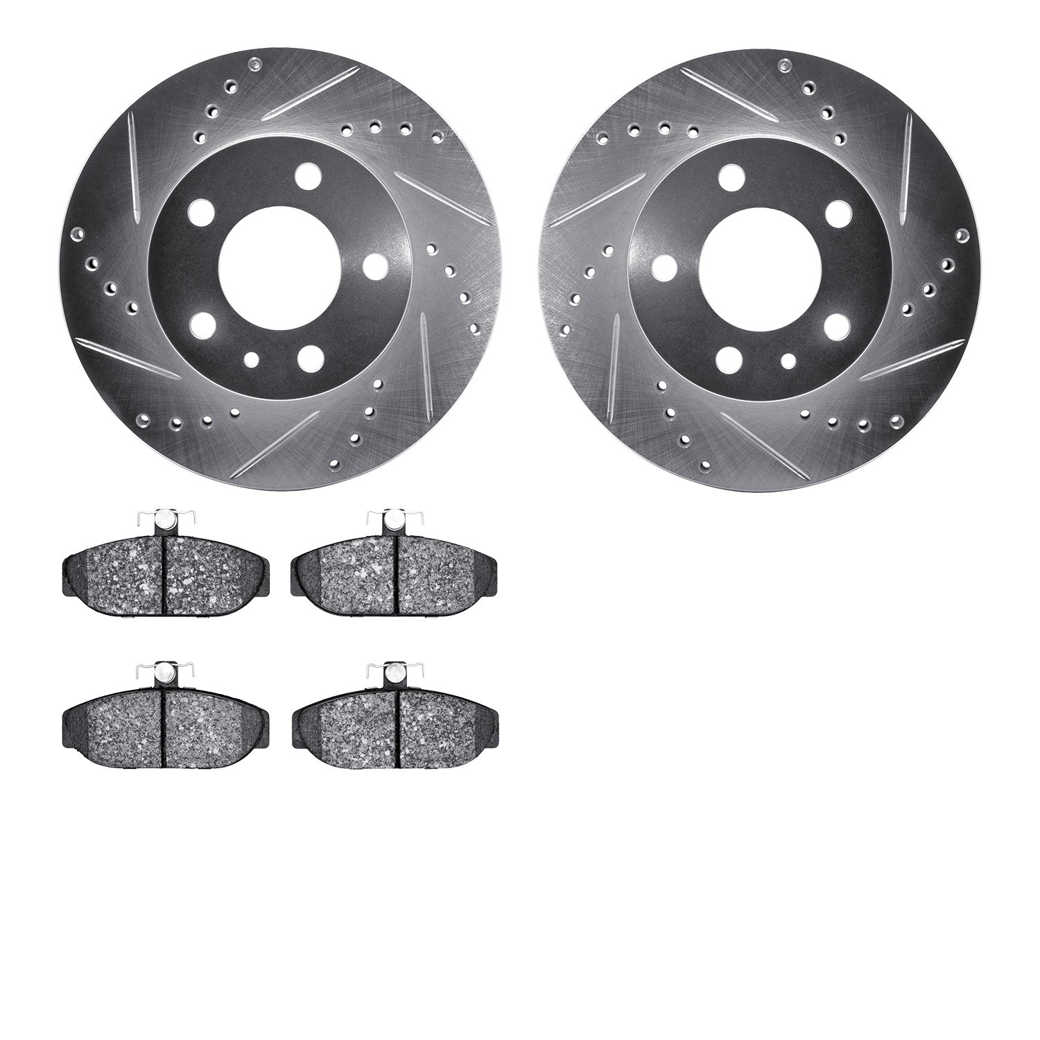 7602-27011 Drilled/Slotted Brake Rotors w/5000 Euro Ceramic Brake Pads Kit [Silver], 1983-1990 Volvo, Position: Front