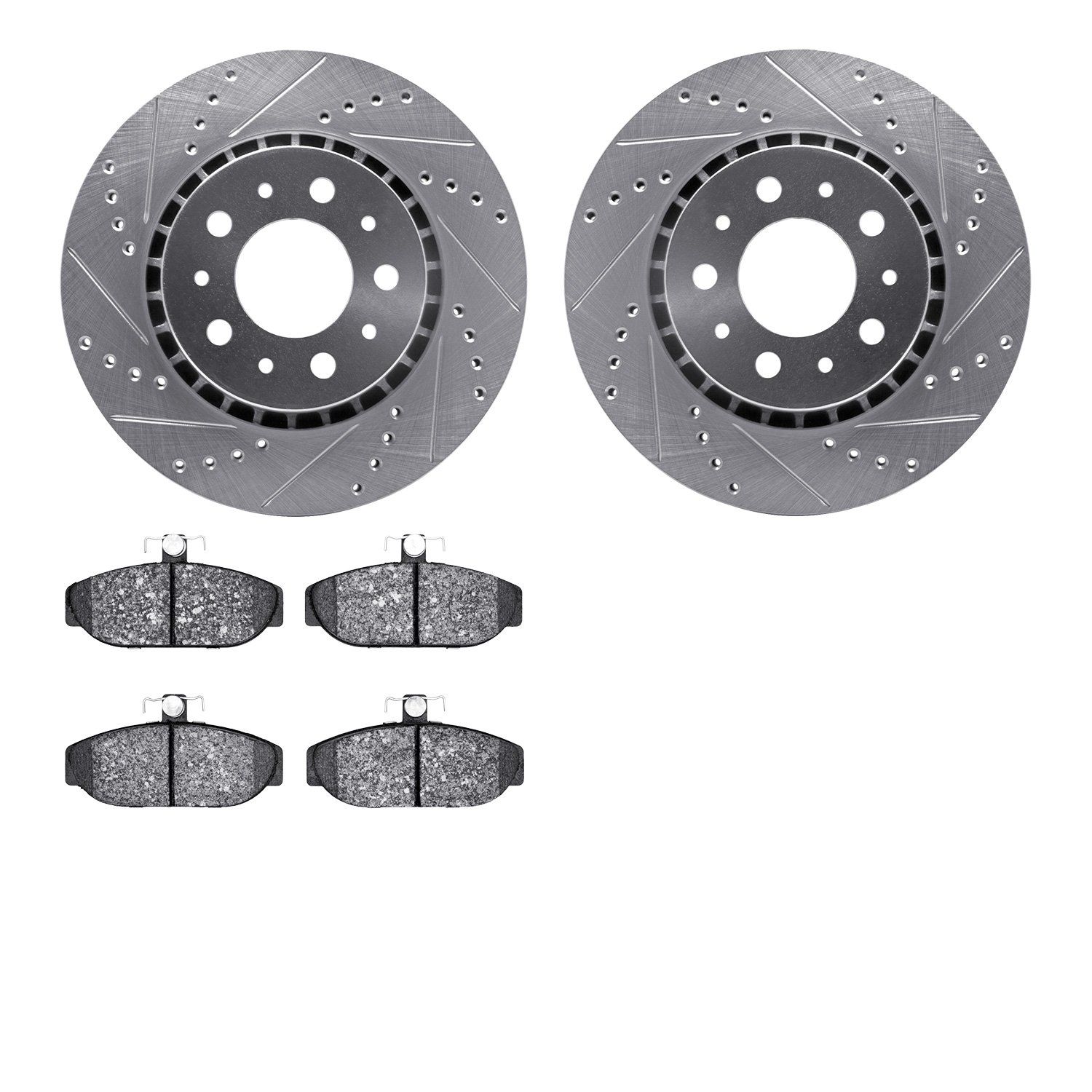 7602-27012 Drilled/Slotted Brake Rotors w/5000 Euro Ceramic Brake Pads Kit [Silver], 1983-1992 Volvo, Position: Front
