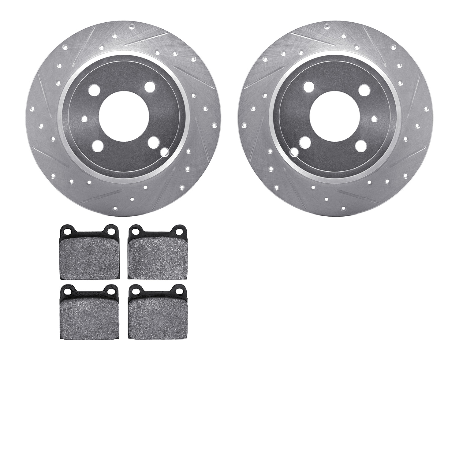 7602-27016 Drilled/Slotted Brake Rotors w/5000 Euro Ceramic Brake Pads Kit [Silver], 1993-1995 Volvo, Position: Rear