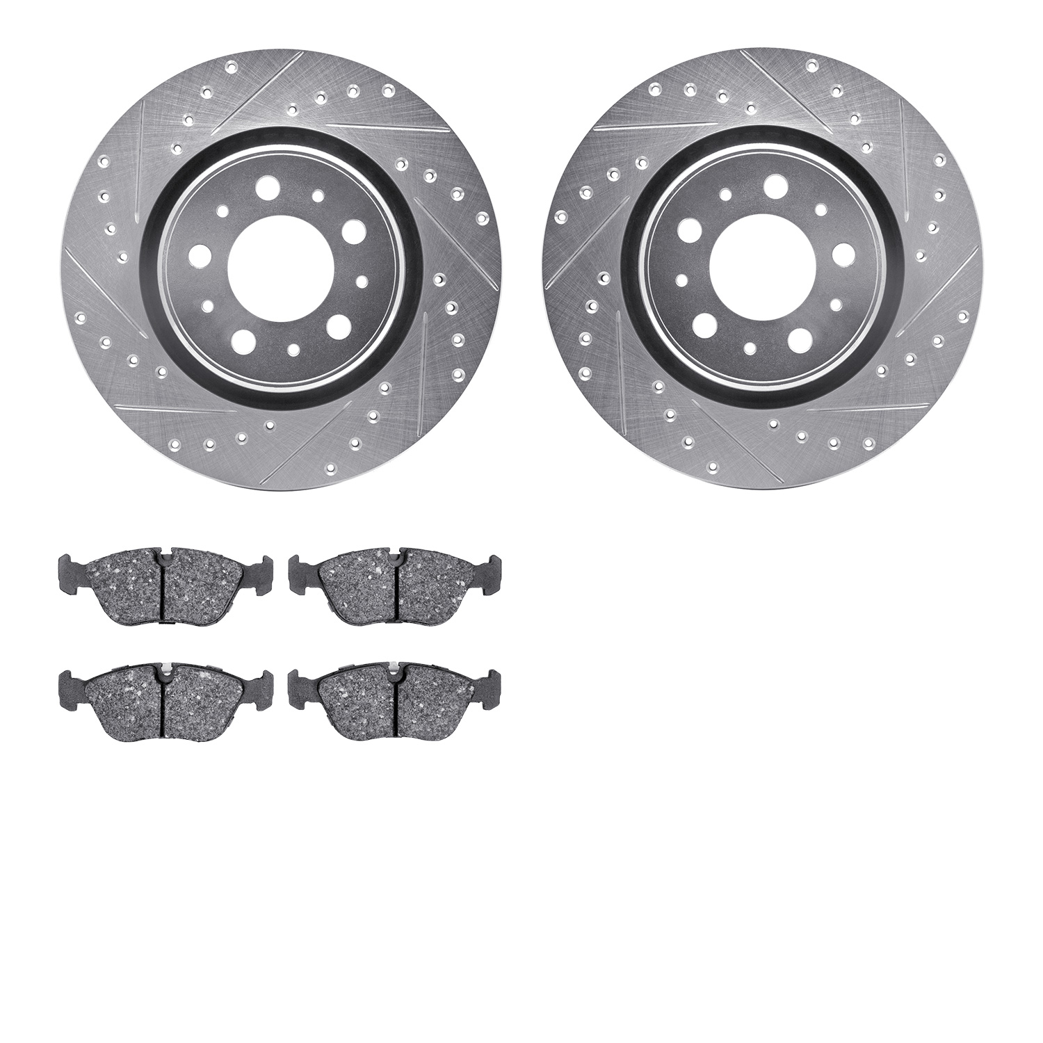 7602-27023 Drilled/Slotted Brake Rotors w/5000 Euro Ceramic Brake Pads Kit [Silver], 1998-2004 Volvo, Position: Front