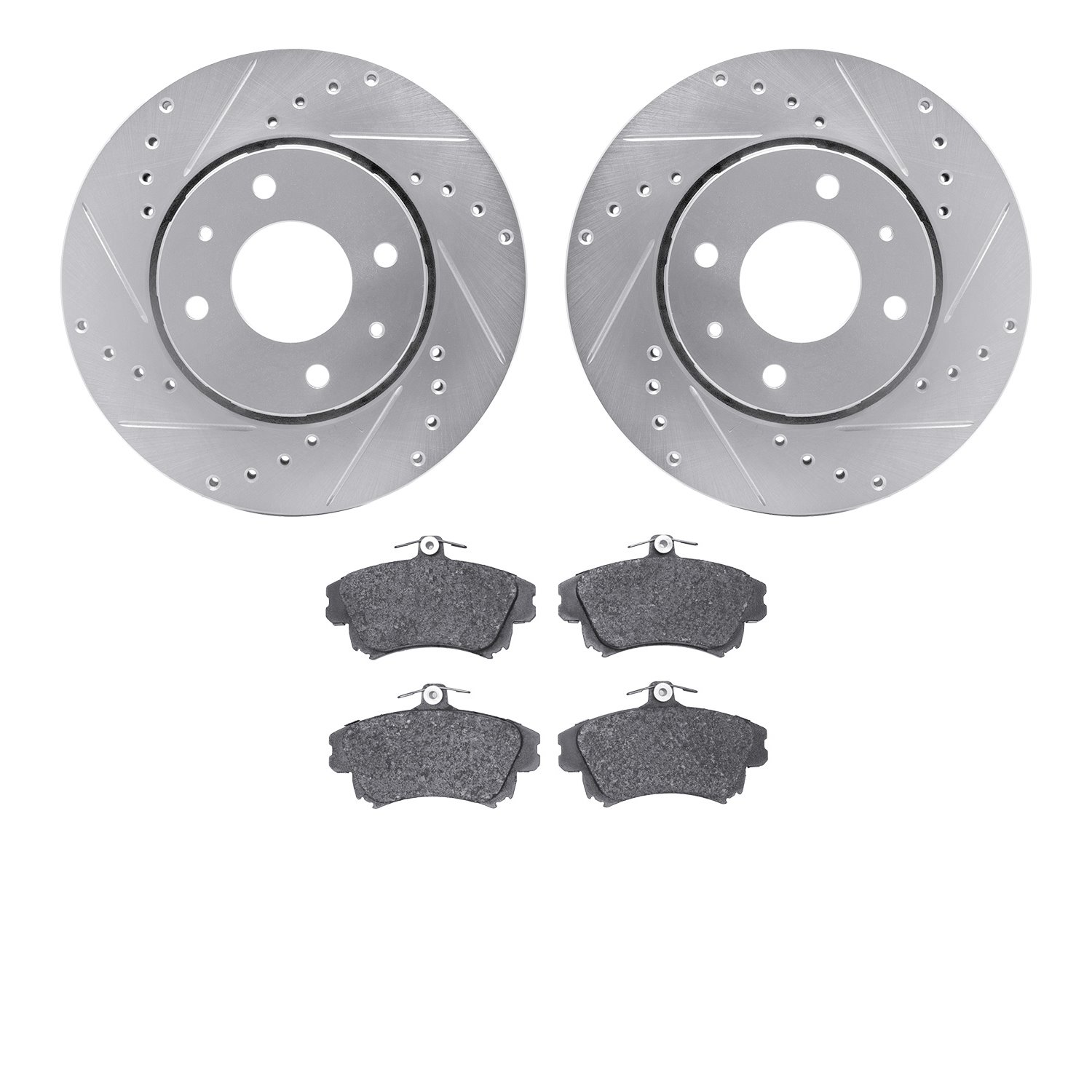 7602-27026 Drilled/Slotted Brake Rotors w/5000 Euro Ceramic Brake Pads Kit [Silver], 2000-2004 Volvo, Position: Front