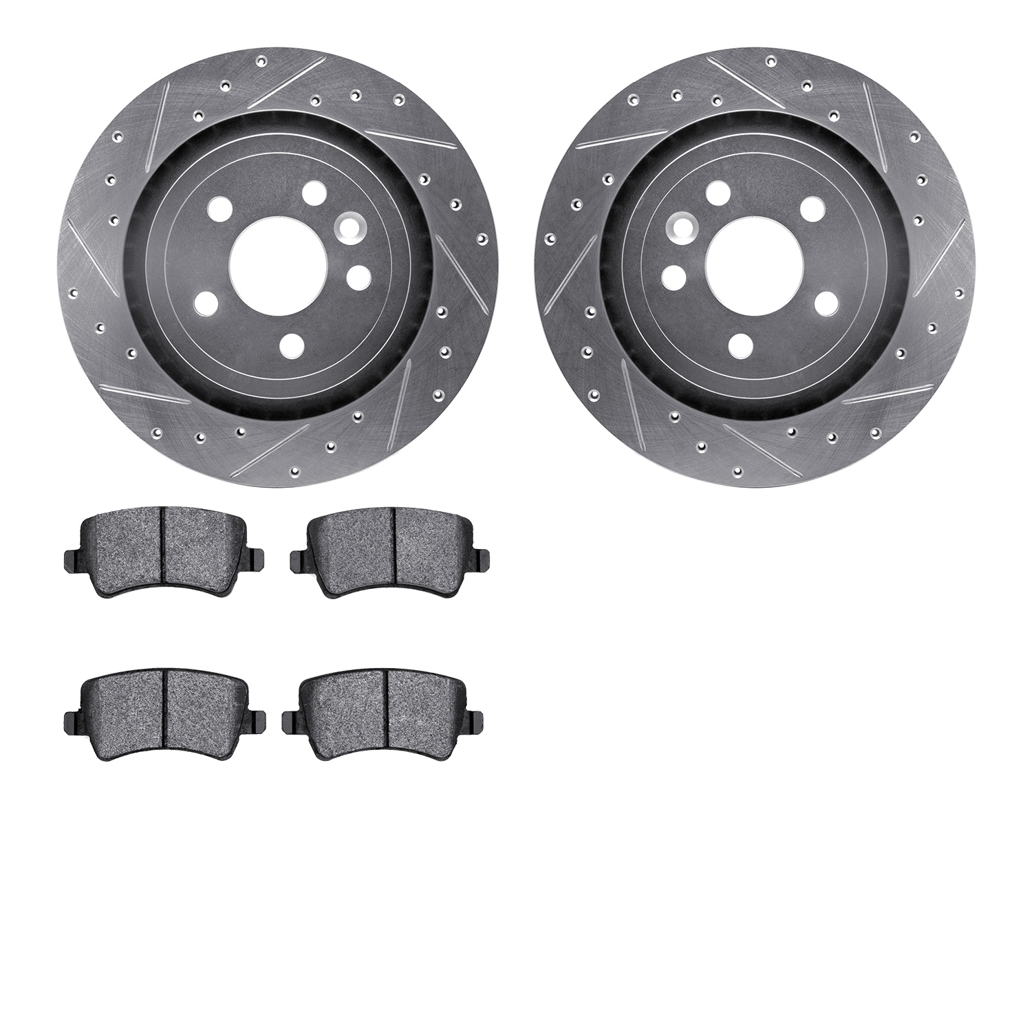 7602-27038 Drilled/Slotted Brake Rotors w/5000 Euro Ceramic Brake Pads Kit [Silver], 2007-2015 Volvo, Position: Rear