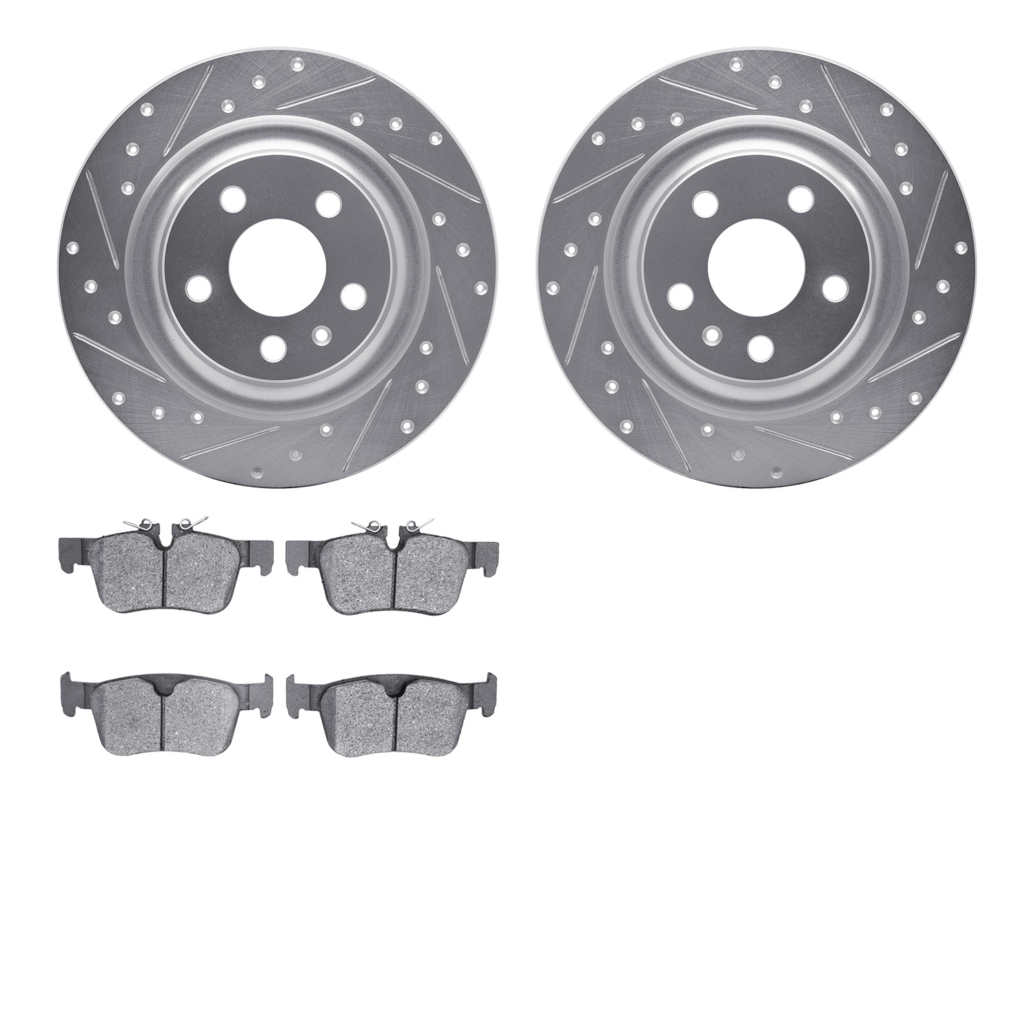 7602-27050 Drilled/Slotted Brake Rotors w/5000 Euro Ceramic Brake Pads Kit [Silver], 2018-2020 Volvo, Position: Rear