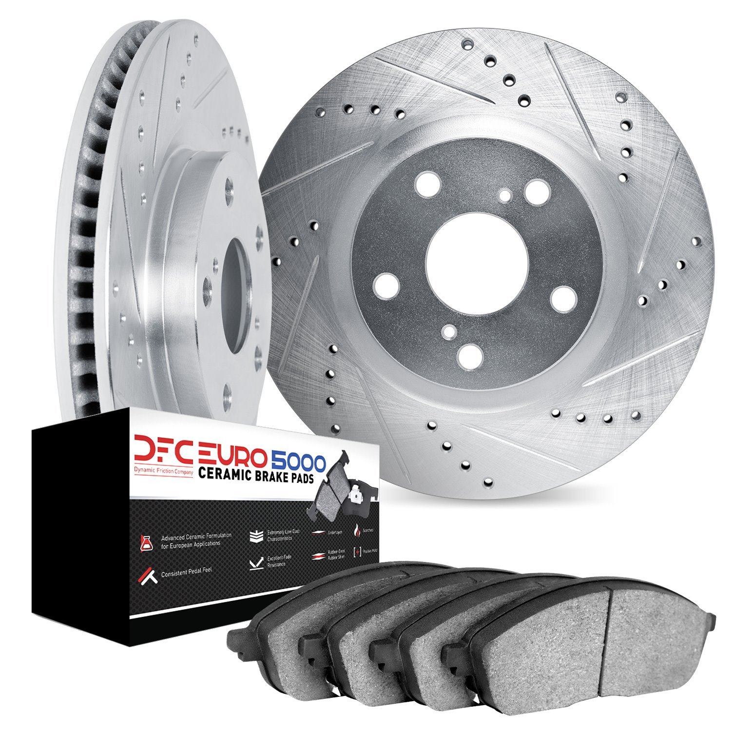 7602-27051 Drilled/Slotted Brake Rotors w/5000 Euro Ceramic Brake Pads Kit [Silver], Fits Select Volvo, Position: Front