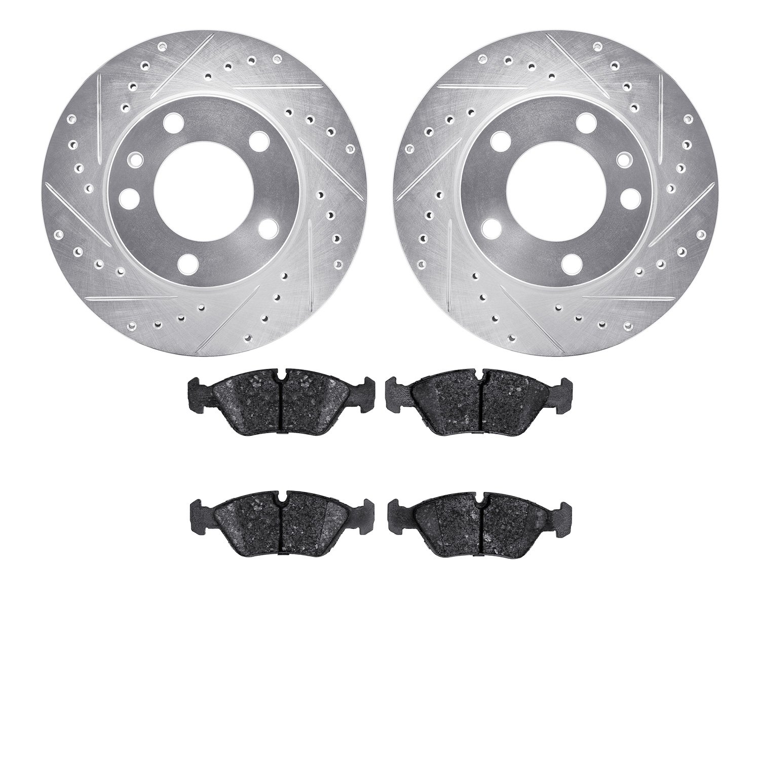 7602-31011 Drilled/Slotted Brake Rotors w/5000 Euro Ceramic Brake Pads Kit [Silver], 1982-1989 BMW, Position: Front