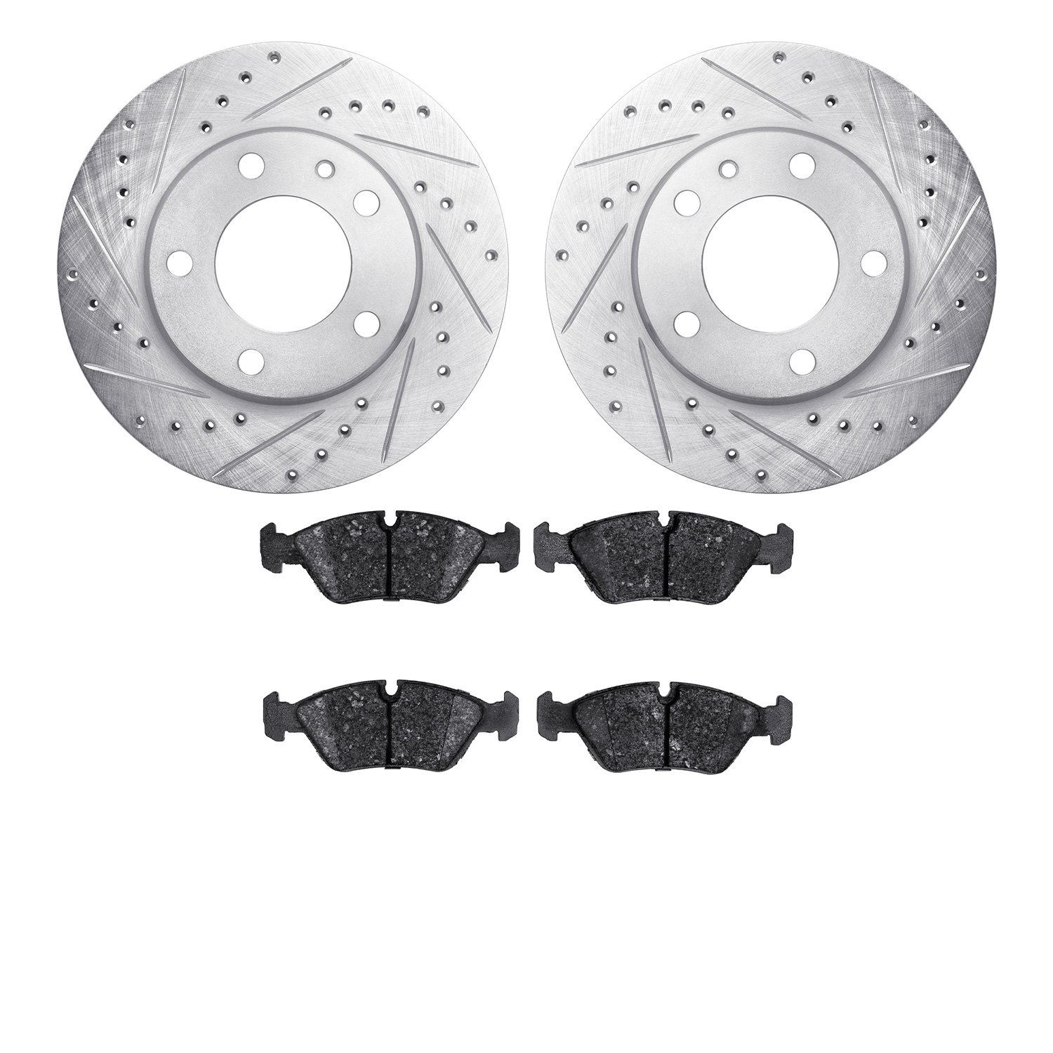7602-31013 Drilled/Slotted Brake Rotors w/5000 Euro Ceramic Brake Pads Kit [Silver], 1982-1988 BMW, Position: Front