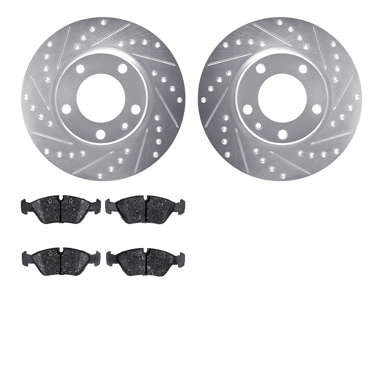 7602-31021 Drilled/Slotted Brake Rotors w/5000 Euro Ceramic Brake Pads Kit [Silver], 1988-1991 BMW, Position: Front