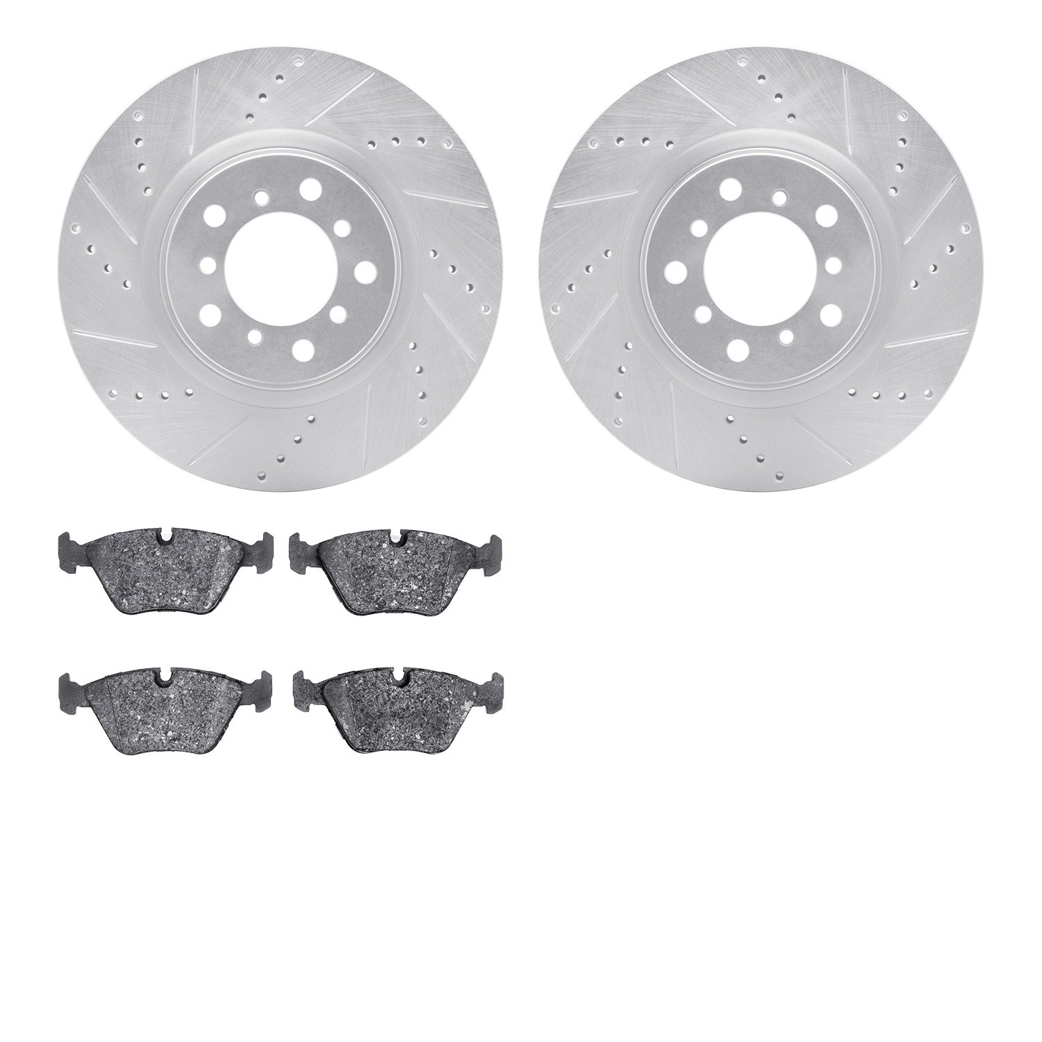 7602-31048 Drilled/Slotted Brake Rotors w/5000 Euro Ceramic Brake Pads Kit [Silver], 2001-2005 BMW, Position: Front
