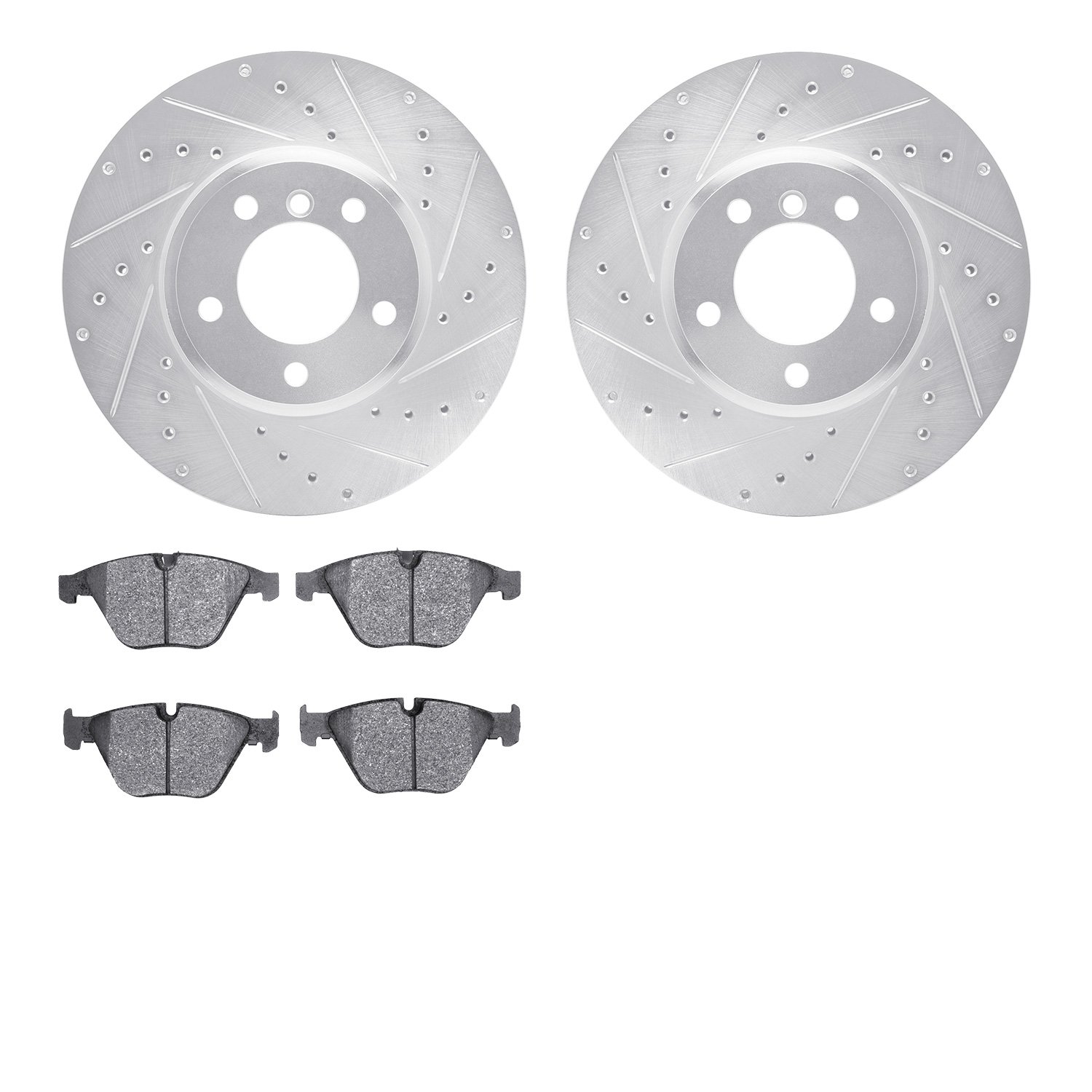 7602-31056 Drilled/Slotted Brake Rotors w/5000 Euro Ceramic Brake Pads Kit [Silver], 2008-2010 BMW, Position: Front