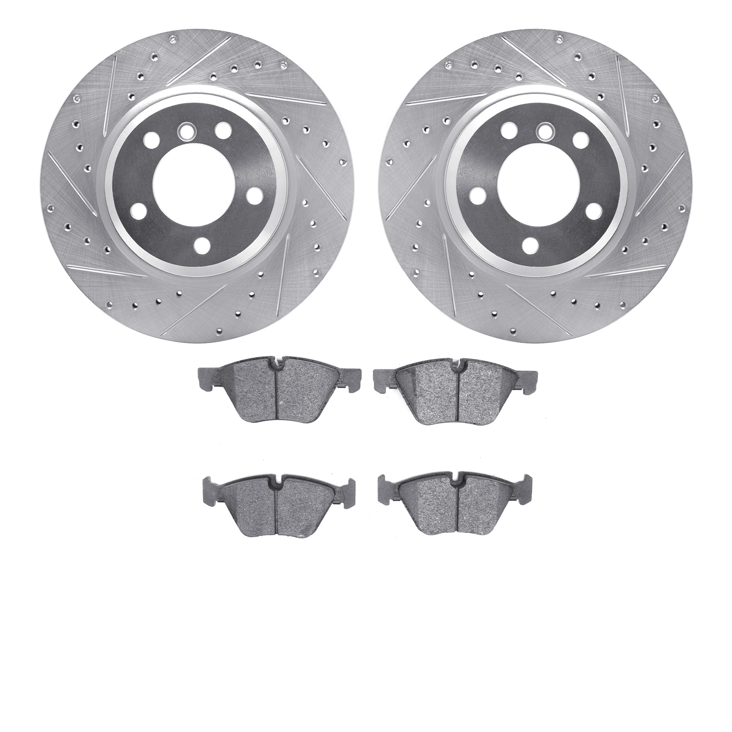 7602-31064 Drilled/Slotted Brake Rotors w/5000 Euro Ceramic Brake Pads Kit [Silver], 2006-2012 BMW, Position: Front