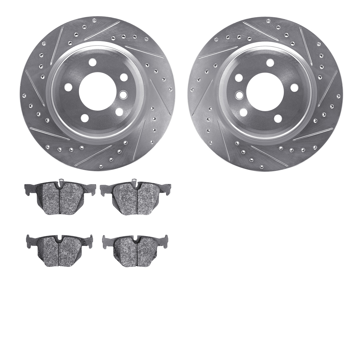 7602-31065 Drilled/Slotted Brake Rotors w/5000 Euro Ceramic Brake Pads Kit [Silver], 2006-2015 BMW, Position: Rear