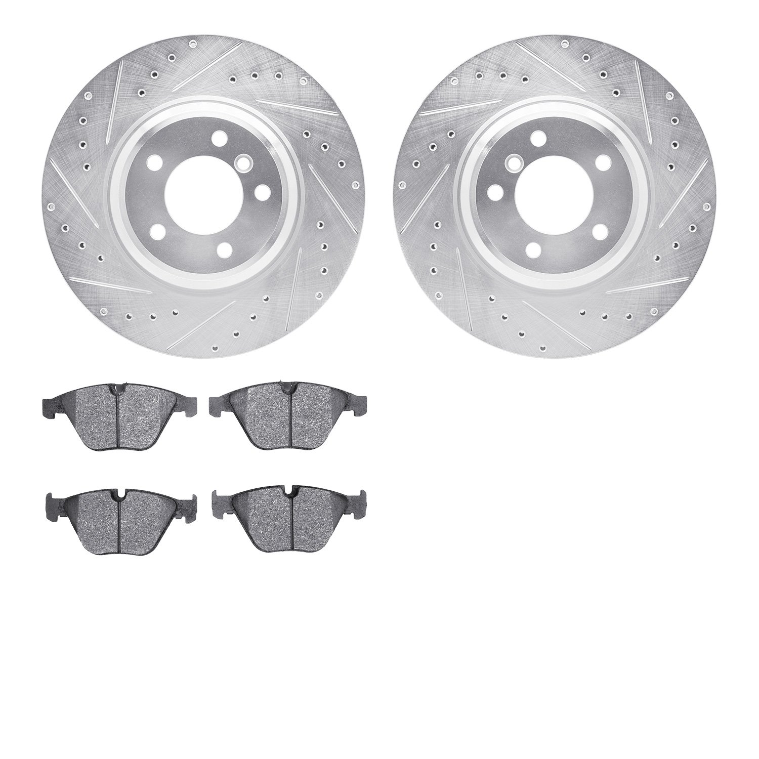 7602-31070 Drilled/Slotted Brake Rotors w/5000 Euro Ceramic Brake Pads Kit [Silver], 2007-2015 BMW, Position: Front