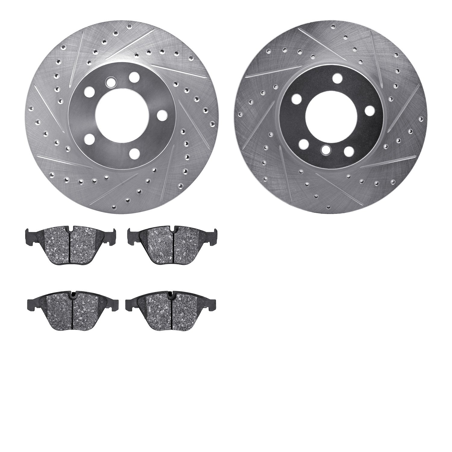 7602-31074 Drilled/Slotted Brake Rotors w/5000 Euro Ceramic Brake Pads Kit [Silver], 2007-2015 BMW, Position: Front