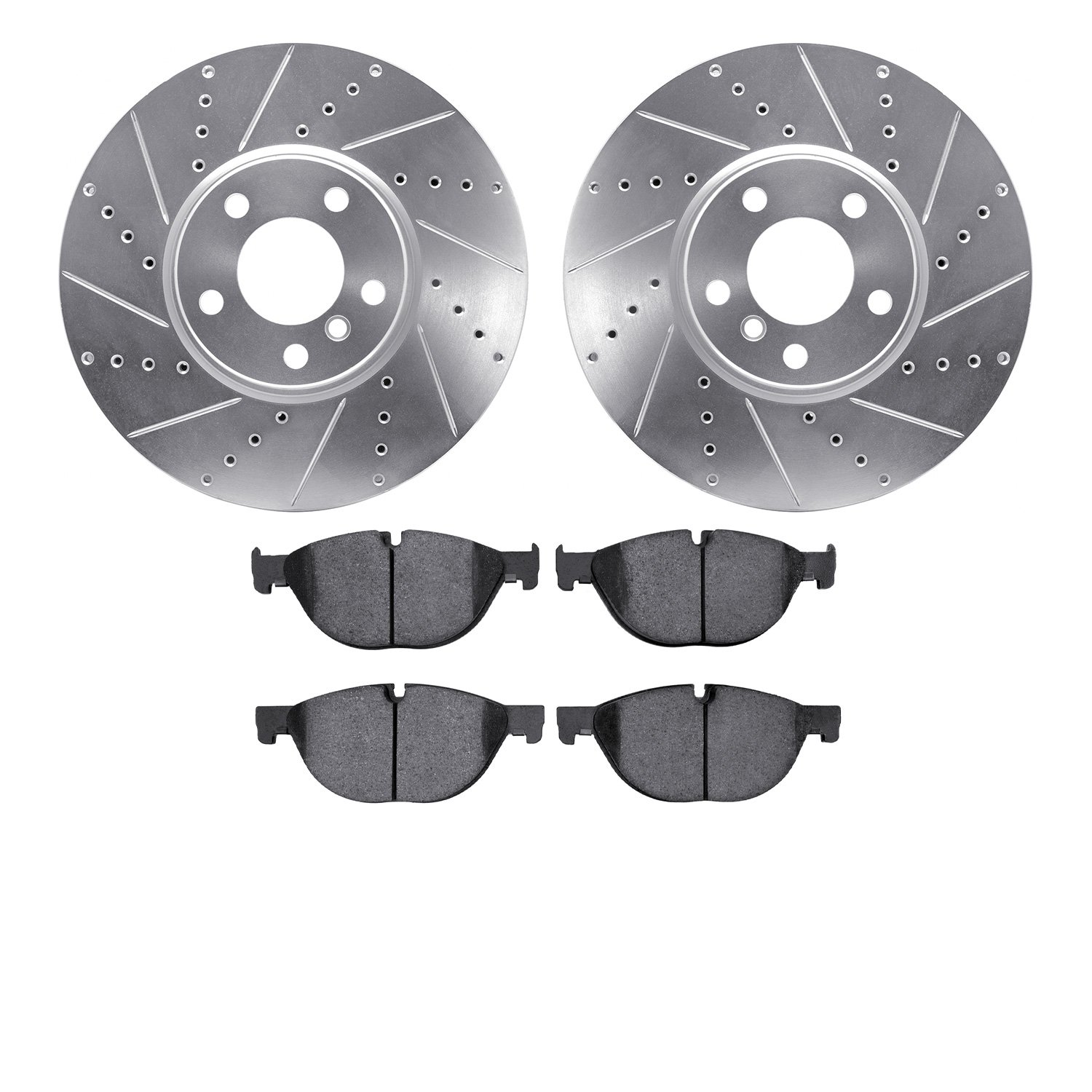 7602-31082 Drilled/Slotted Brake Rotors w/5000 Euro Ceramic Brake Pads Kit [Silver], 2010-2018 BMW, Position: Front