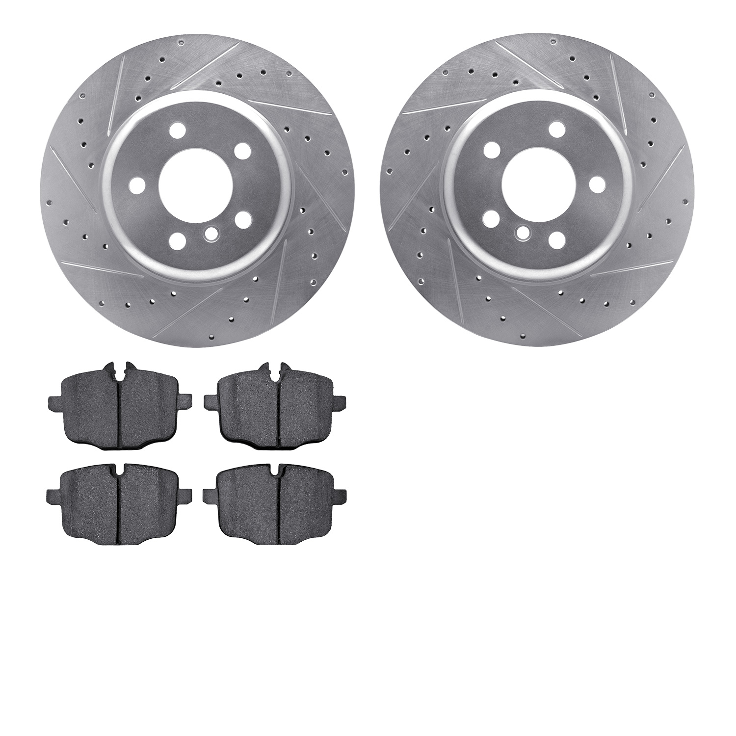 7602-31088 Drilled/Slotted Brake Rotors w/5000 Euro Ceramic Brake Pads Kit [Silver], 2011-2019 BMW, Position: Rear