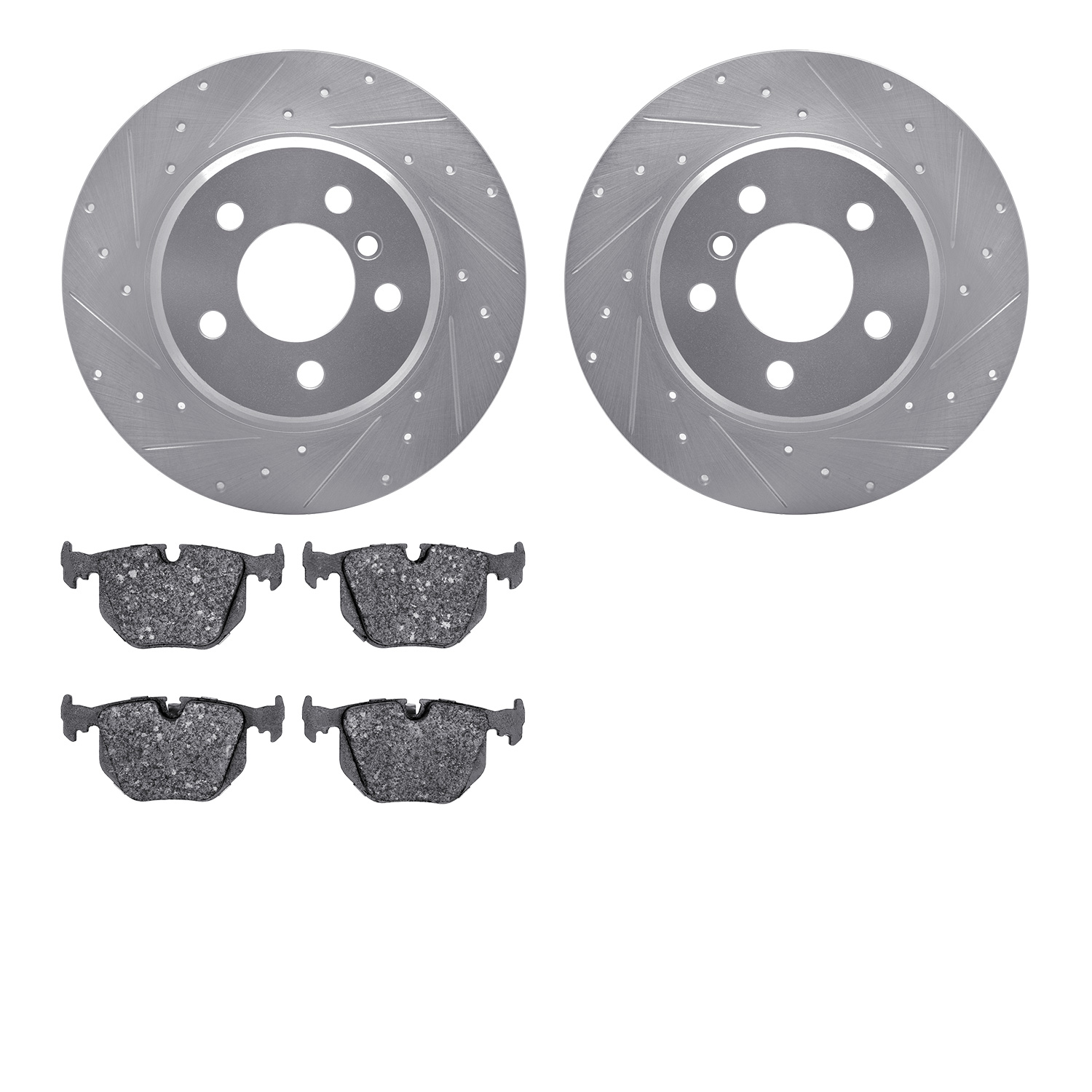 7602-31103 Drilled/Slotted Brake Rotors w/5000 Euro Ceramic Brake Pads Kit [Silver], 2000-2006 BMW, Position: Rear