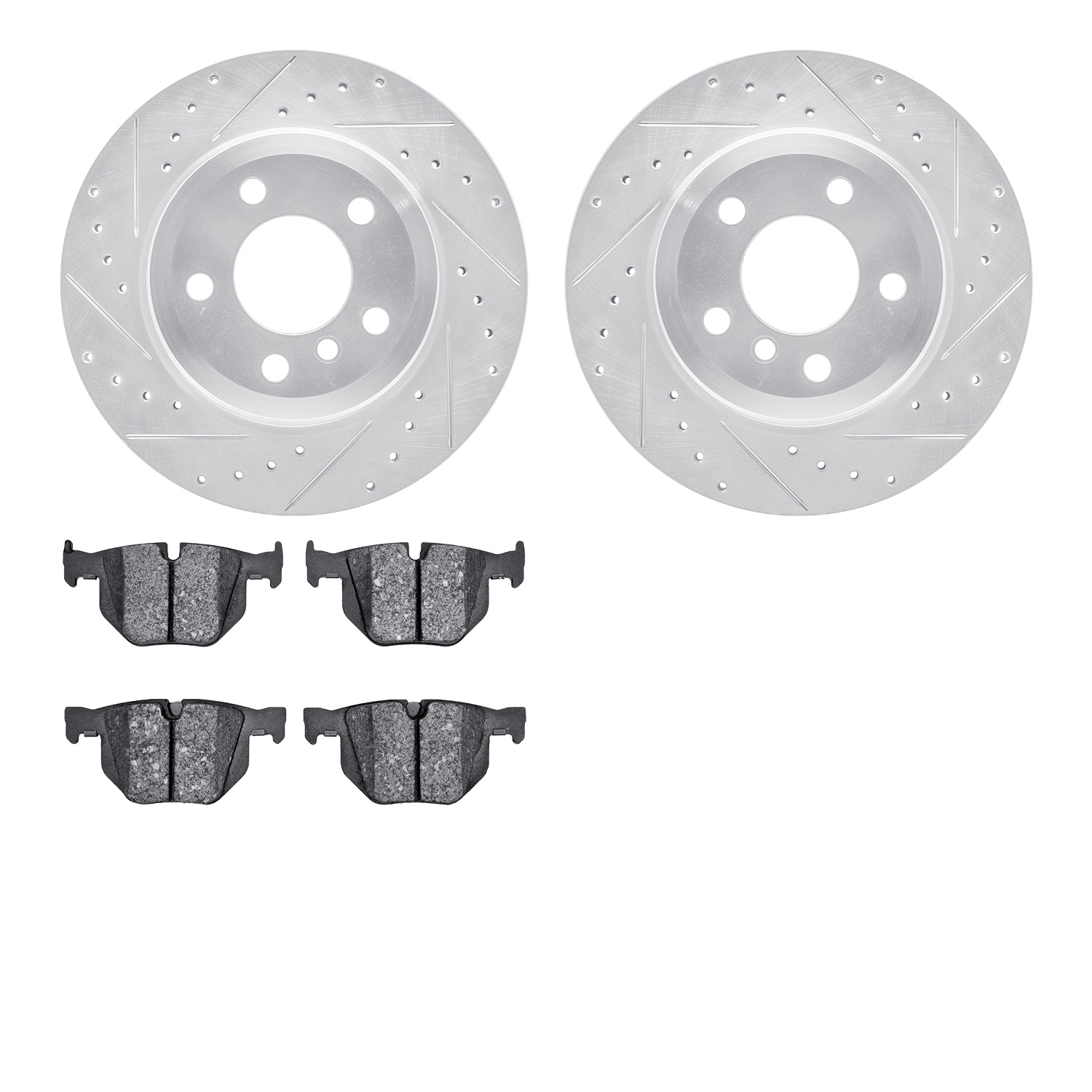 7602-31108 Drilled/Slotted Brake Rotors w/5000 Euro Ceramic Brake Pads Kit [Silver], 2007-2019 BMW, Position: Rear