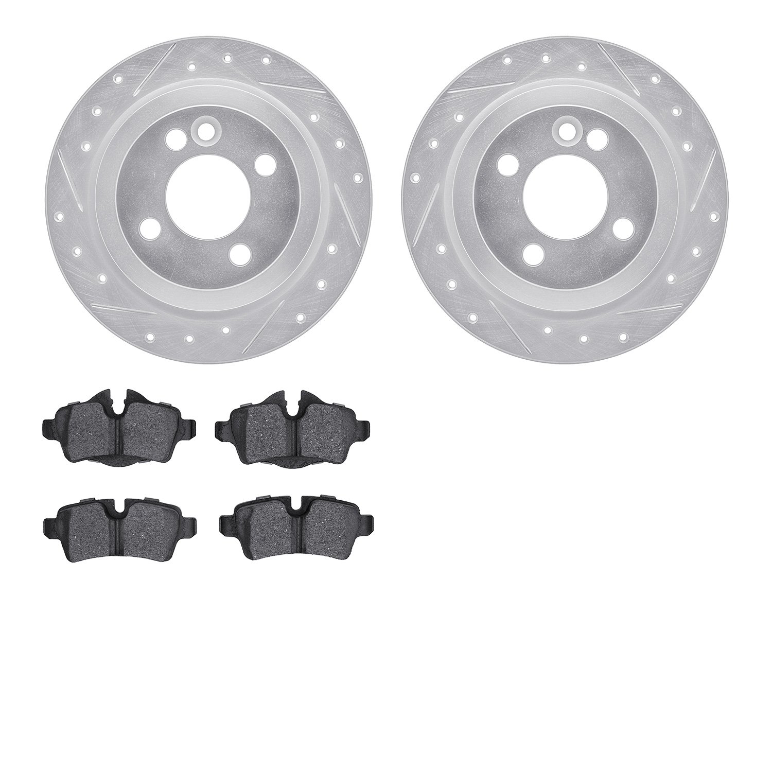 7602-32002 Drilled/Slotted Brake Rotors w/5000 Euro Ceramic Brake Pads Kit [Silver], 2007-2015 Mini, Position: Rear