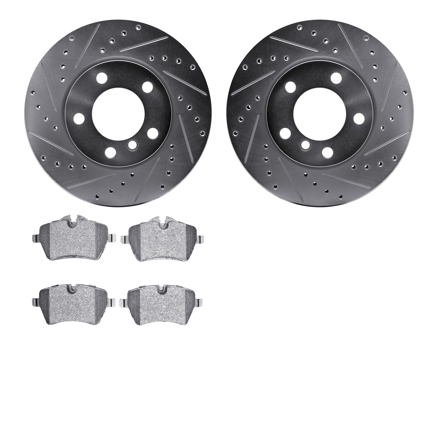 7602-32008 Drilled/Slotted Brake Rotors w/5000 Euro Ceramic Brake Pads Kit [Silver], 2011-2016 Mini, Position: Front