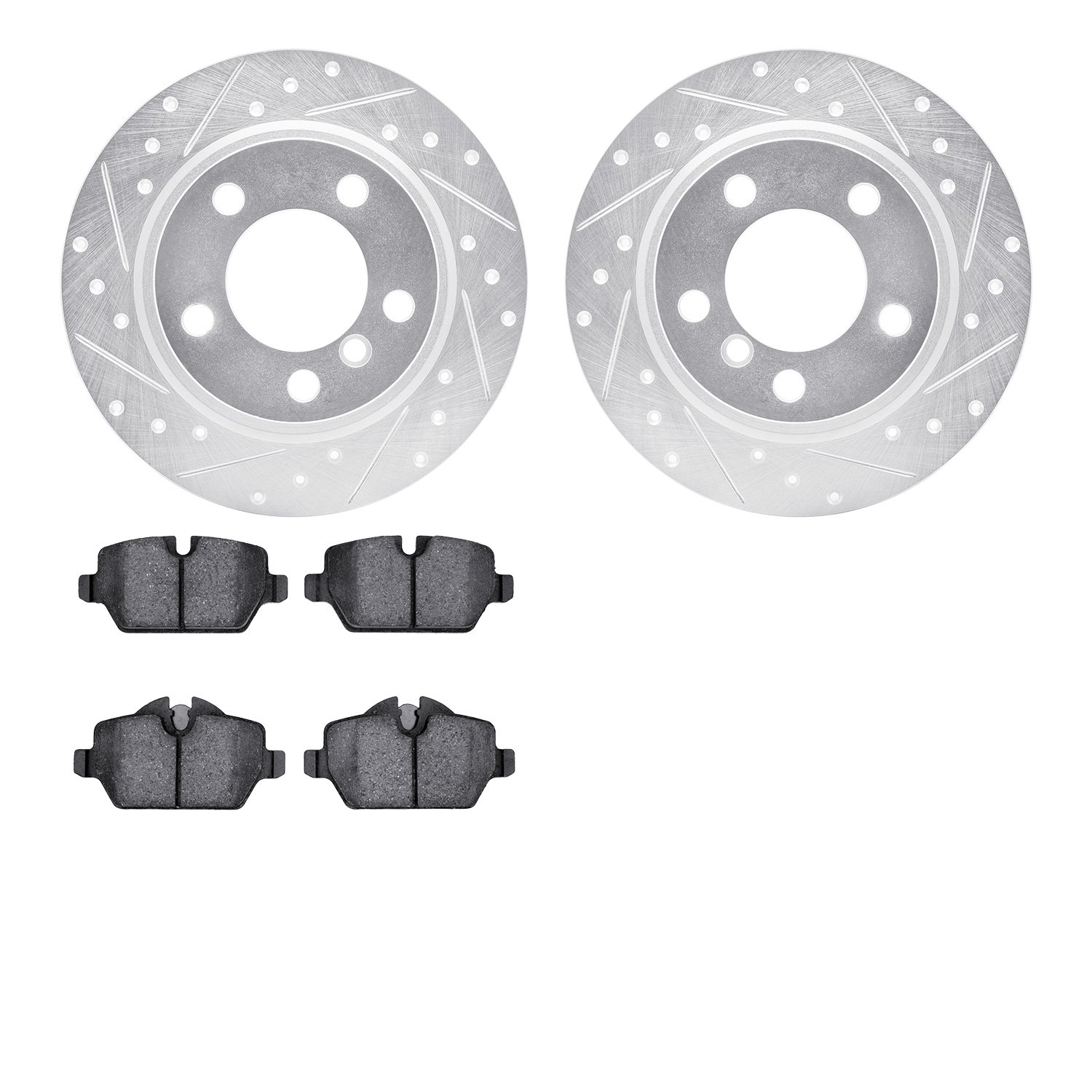 7602-32009 Drilled/Slotted Brake Rotors w/5000 Euro Ceramic Brake Pads Kit [Silver], 2011-2016 Mini, Position: Rear